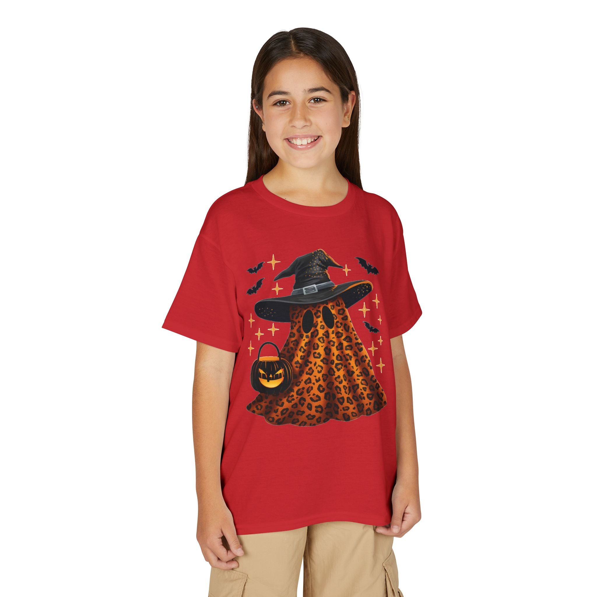 Youth T-Shirt — Leopard Witch Ghost Halloween Tee (Pumpkin Candy Bag, Bats)