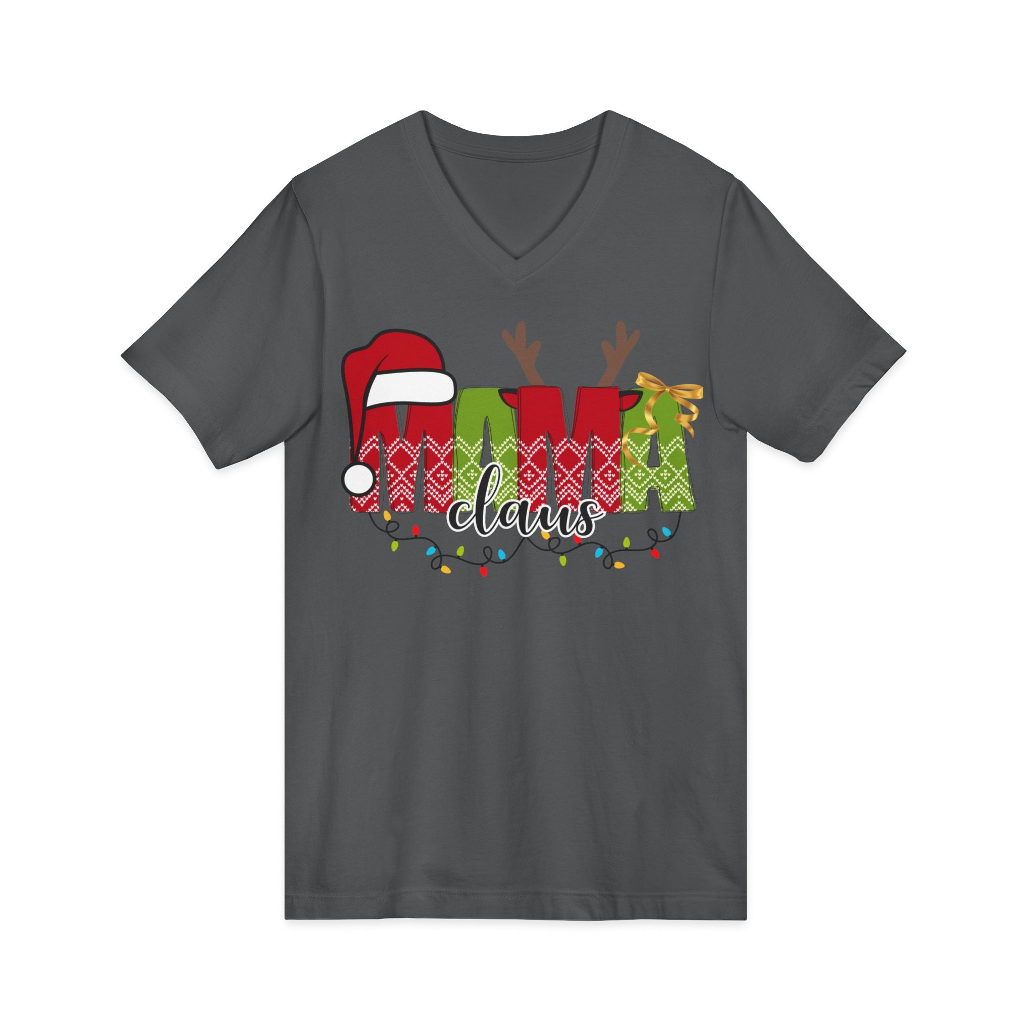Mom Claus V-Neck Tee — Christmas Holiday Family Graphic Shirt
