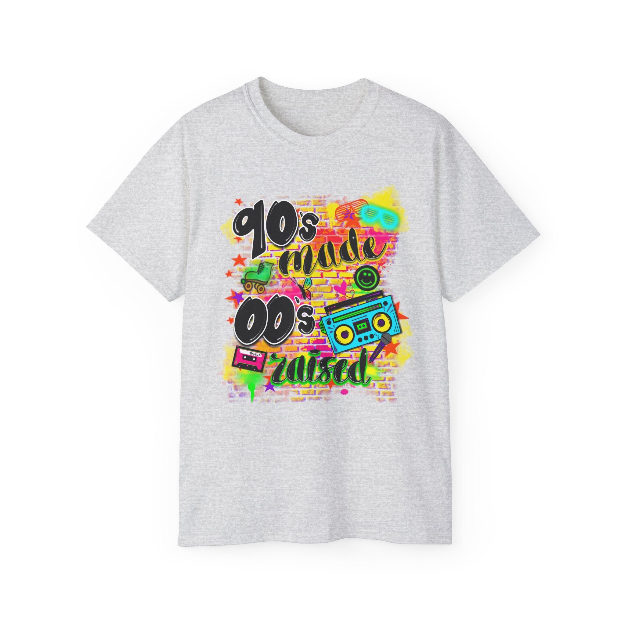 90s Made 00s Raised T-Shirt — Neon Retro Boombox Graphic Tee