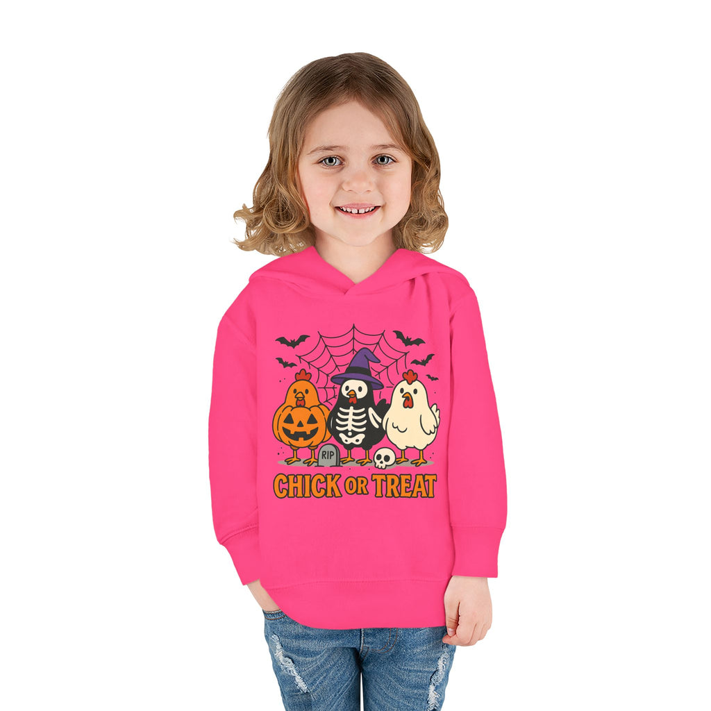 Toddler Halloween Pullover Hoodie – "Chick or Treat" Pumpkin Skeleton Chicken Kids Fleece