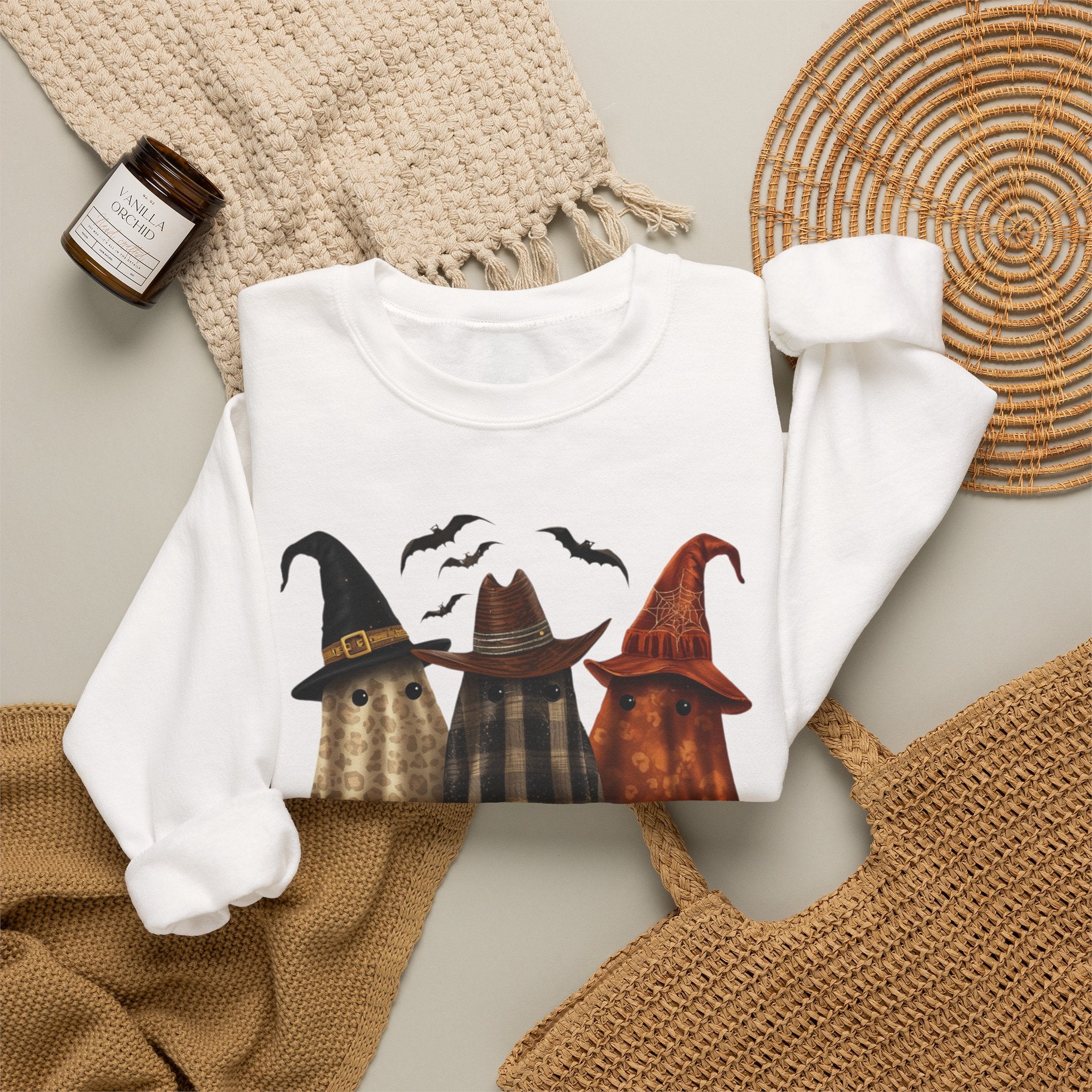 Halloween Witch Ghosts Crewneck Sweatshirt — Cozy Pumpkin & Bats Fall Graphic