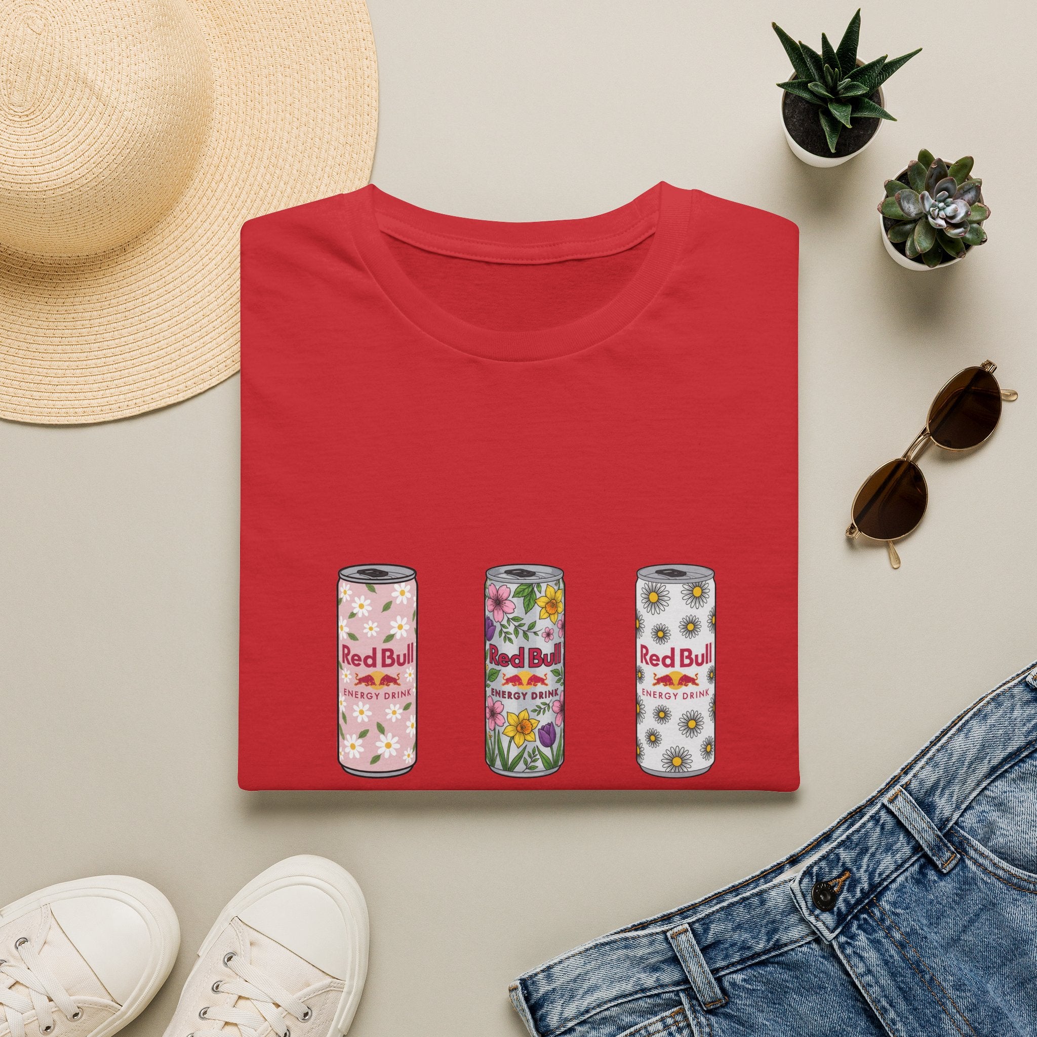 Floral Energy Drink Can T-Shirt — Vintage Flower Red Bull Design