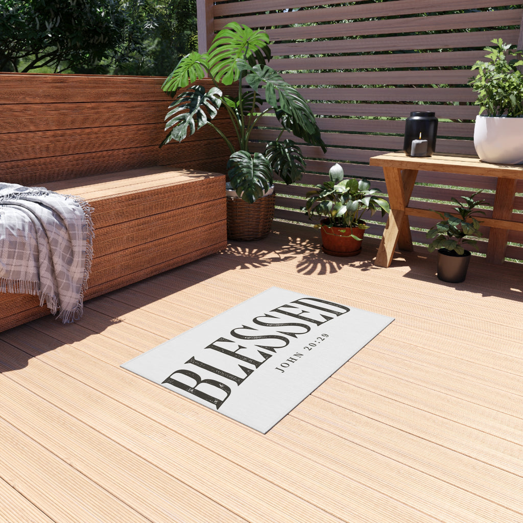 Blessed Outdoor Rug — "BLESSED" with John 20:29 Doormat
