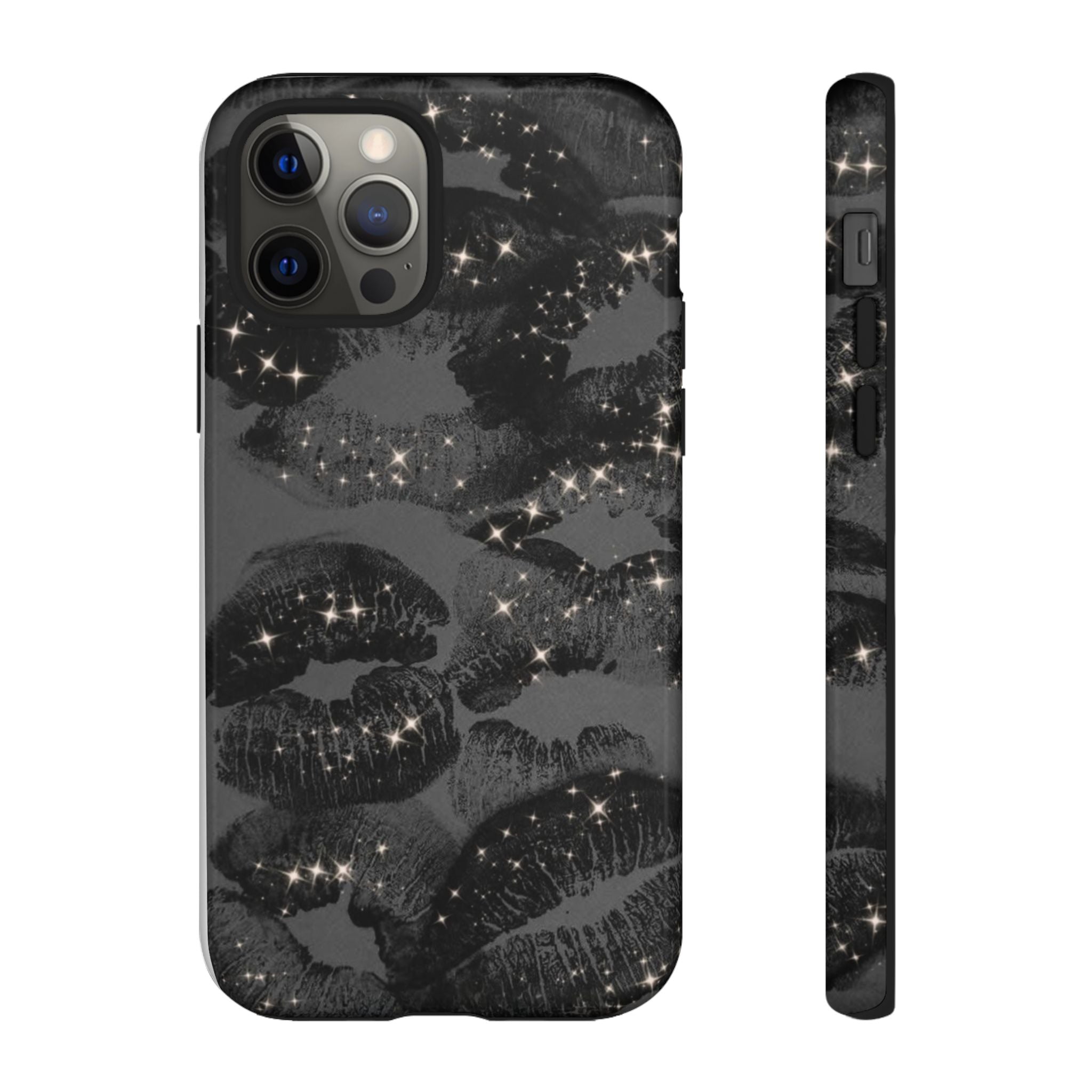 Black Glitter Kiss Phone Case — Sparkling Lip Print Protective Cover