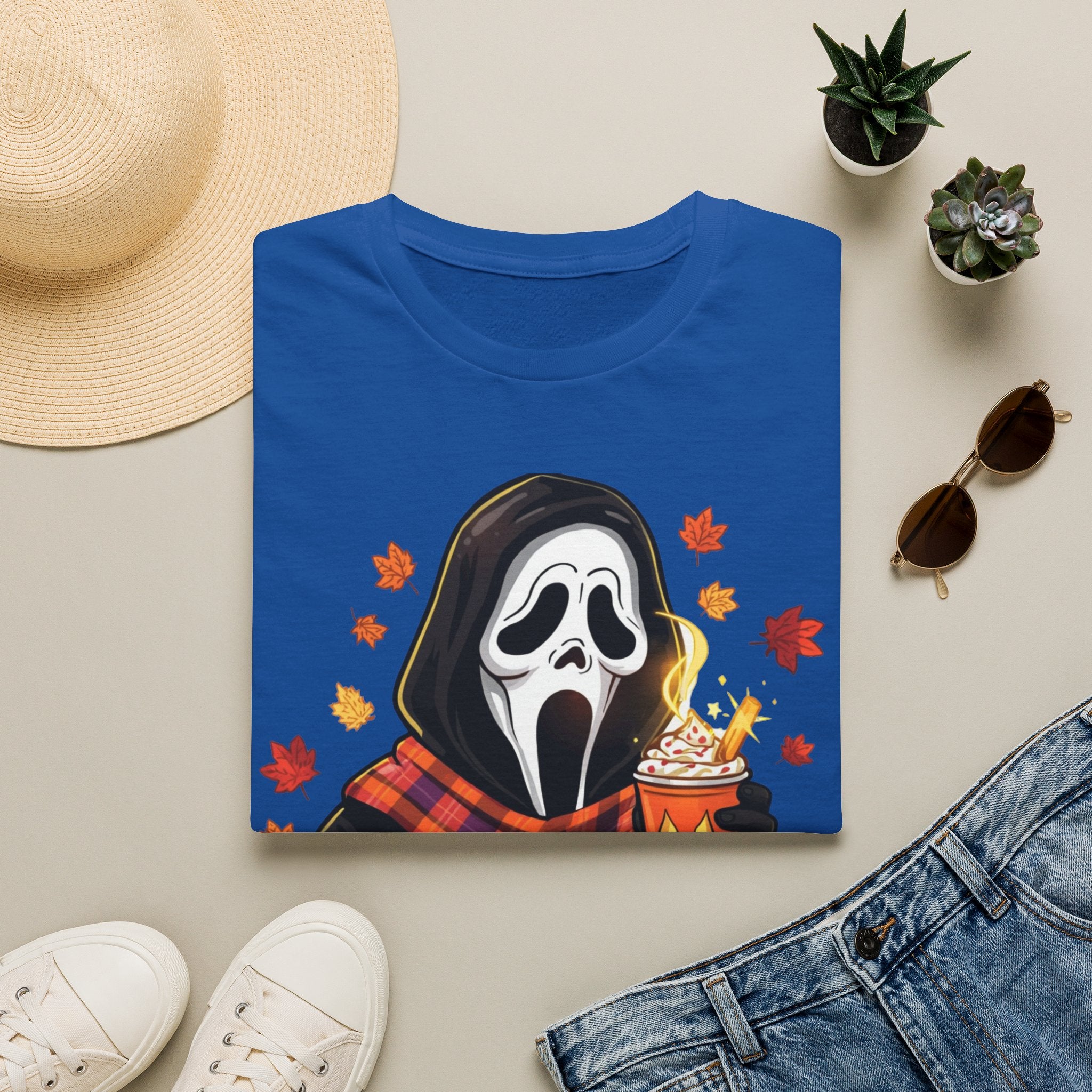 Halloween Scream Mask T‑Shirt — Cozy Fall Pumpkin & Hot Cocoa Graphic Tee