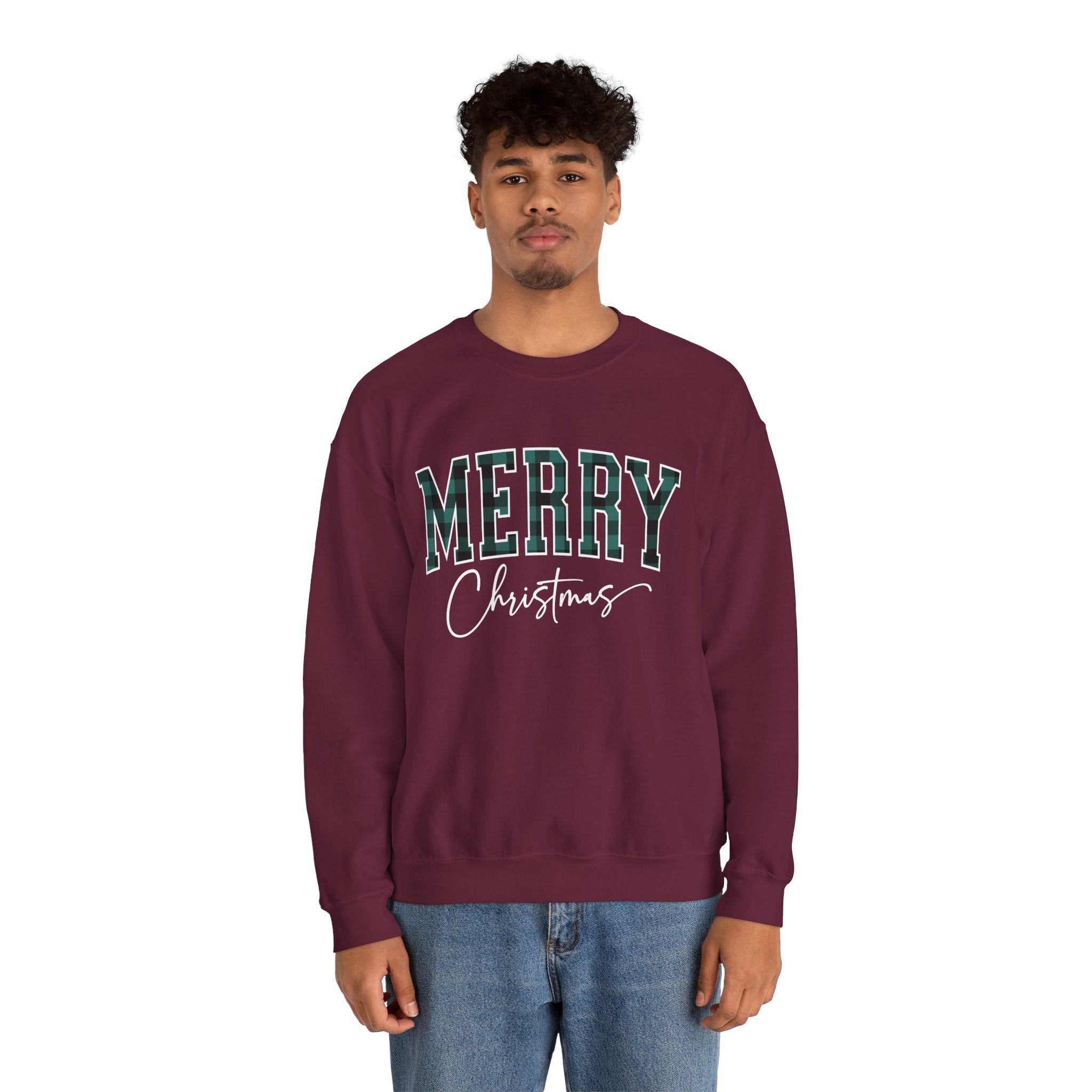 Merry Christmas Crewneck Sweatshirt – Plaid Holiday Graphic Crew
