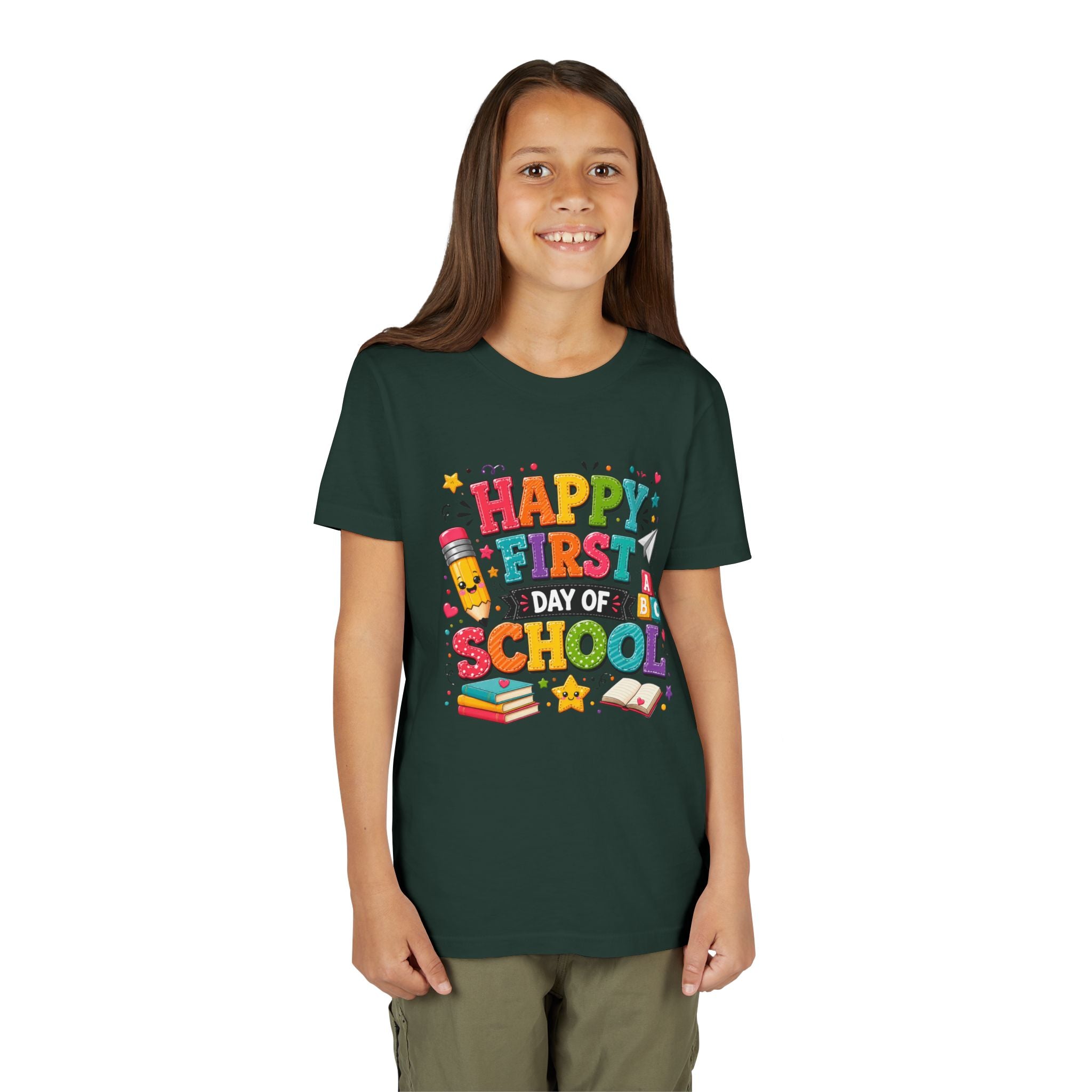 Youth Tee — "Happy First Day of School" Back-to-School Graphic Shirt