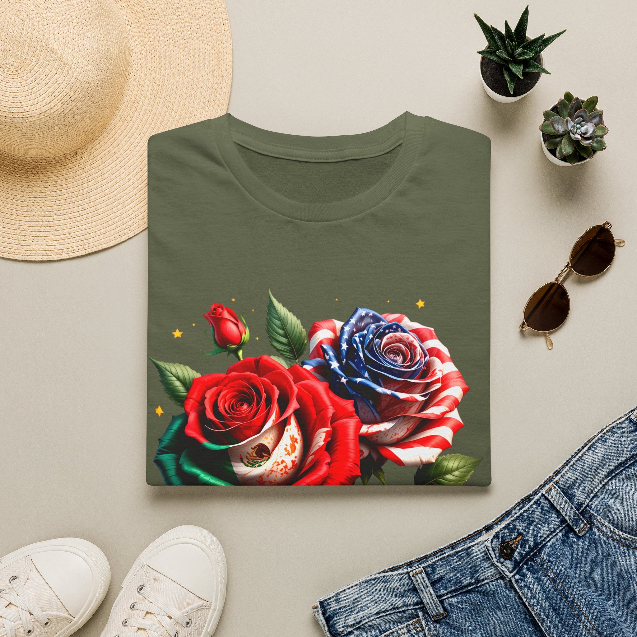 Patriotic Rose Skull T-Shirt — American Flag Blue & Red Floral Tee