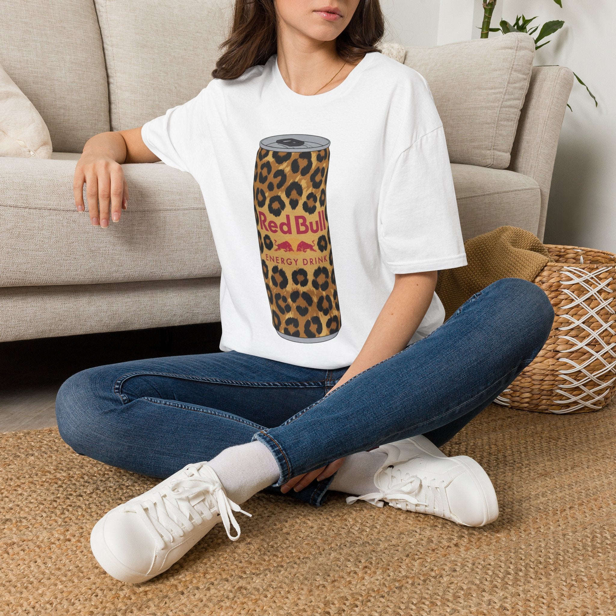 Leopard Print Red Bull Can T‑Shirt — Energy Drink Graphic Tee