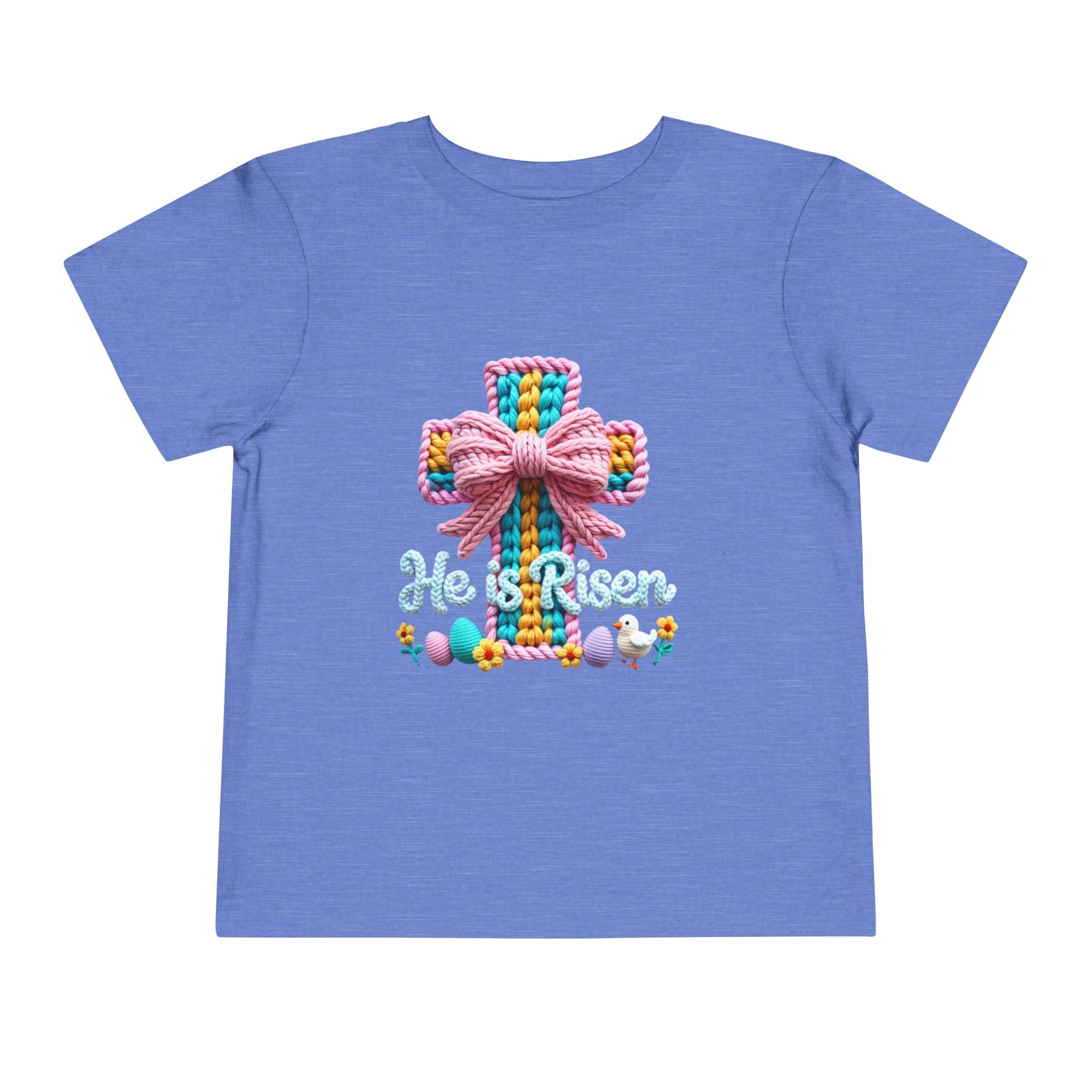 Easter Cross Toddler Tee — Colorful Knit Cross with "He is Risen" & Easter Eggs