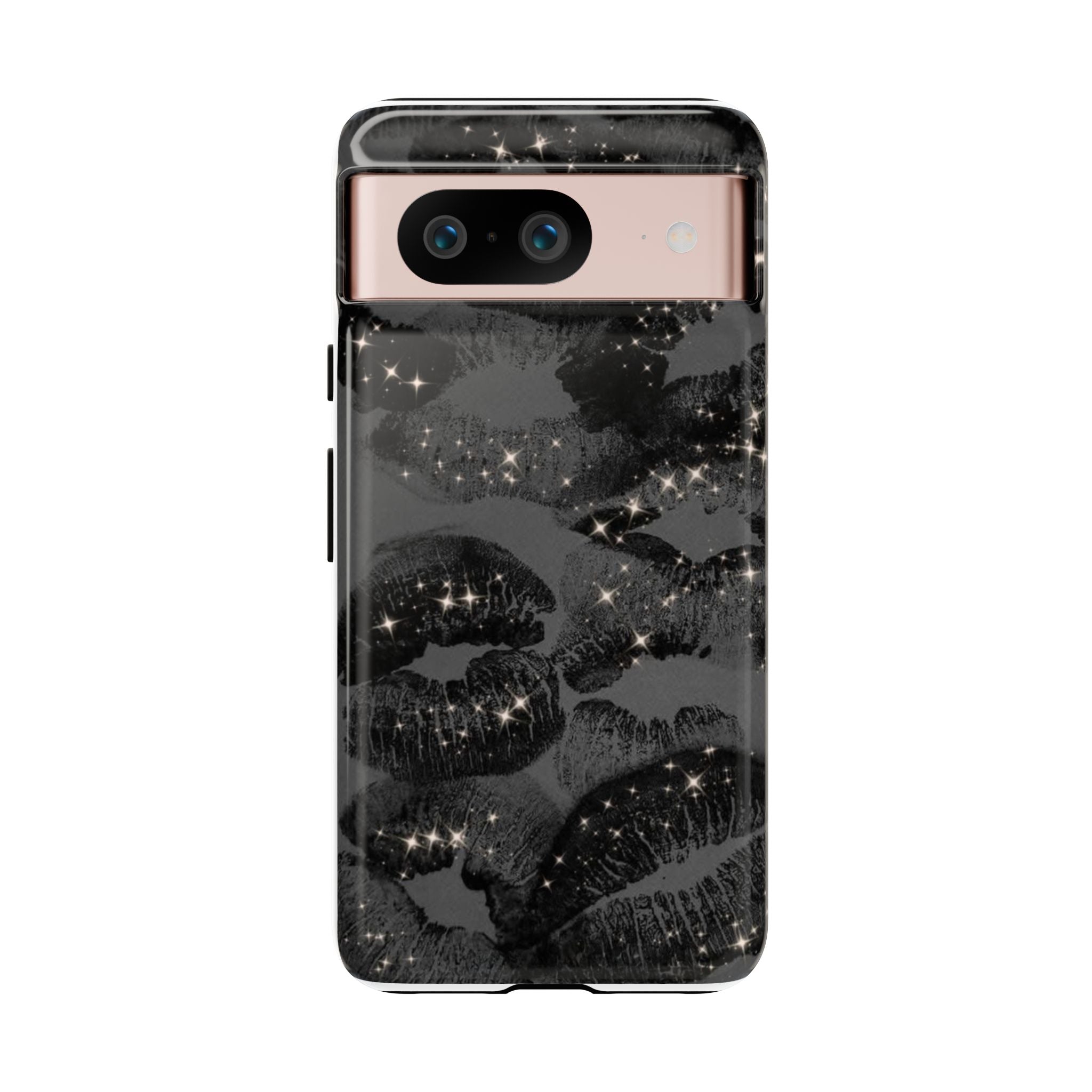 Black Glitter Kiss Phone Case — Sparkling Lip Print Protective Cover