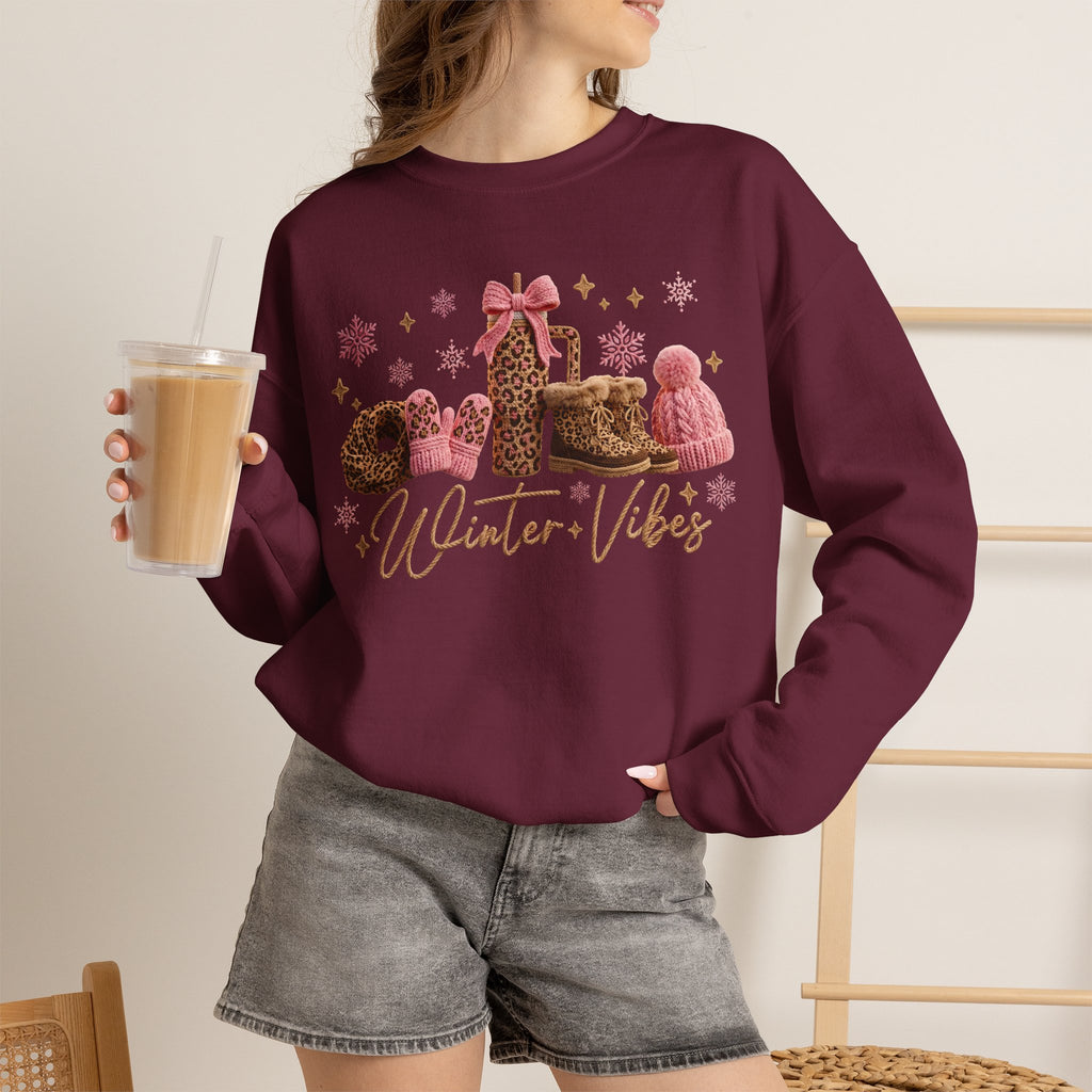Crewneck Sweatshirt — 'Winter Vibes' Cozy Leopard Print Holiday Design