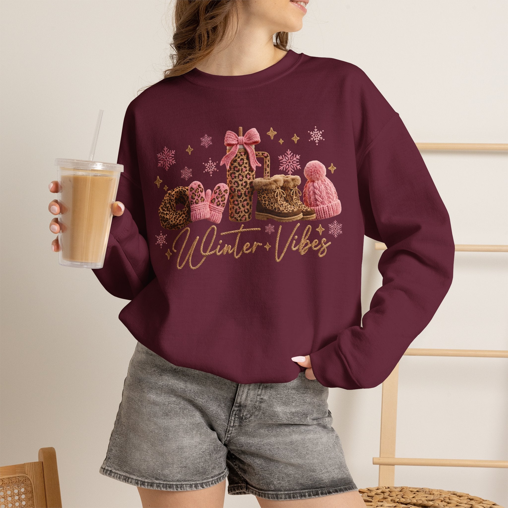 Crewneck Sweatshirt — 'Winter Vibes' Cozy Leopard Print Holiday Design