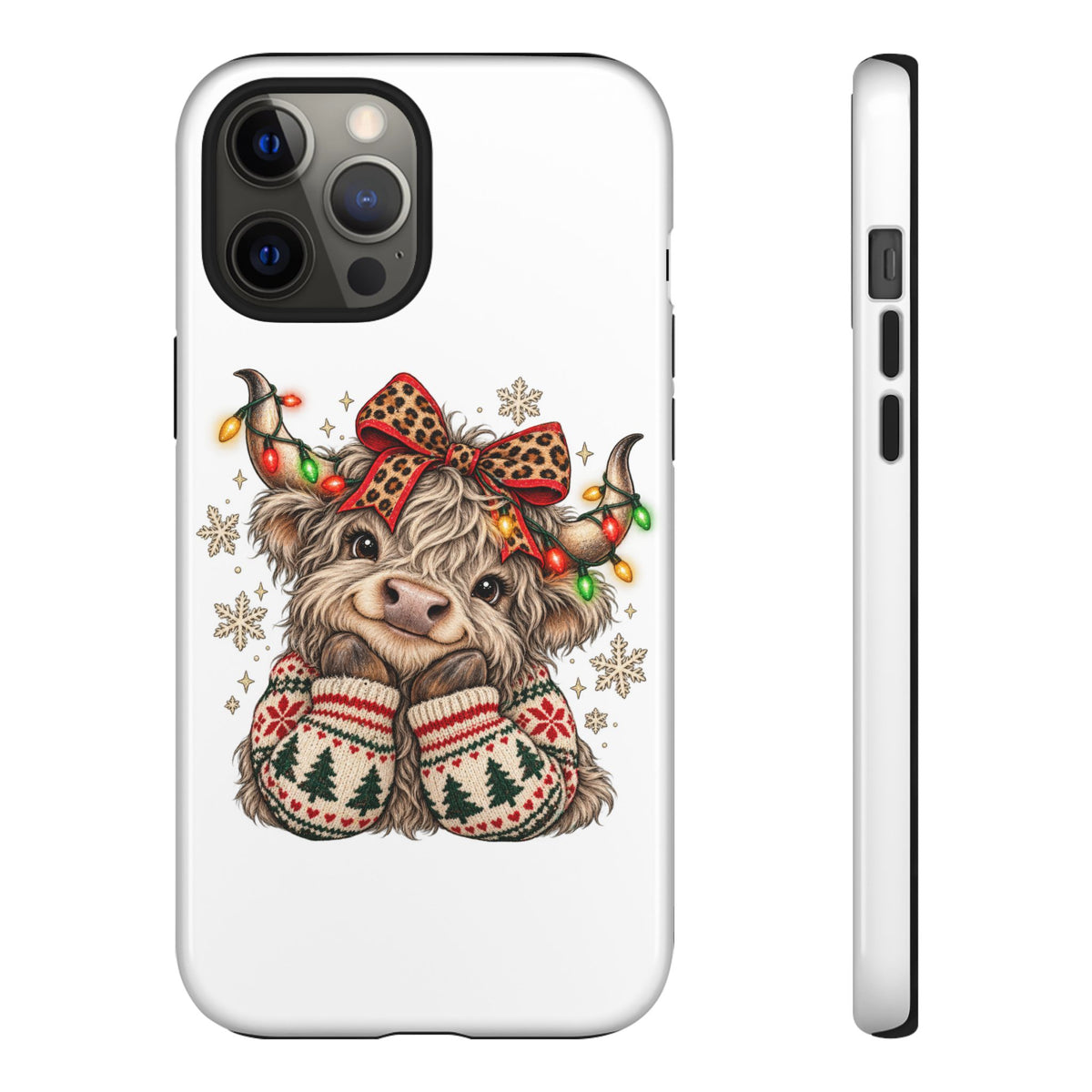 Holiday Highland Cow Phone Case – Festive Lights & Cozy Sweater Design