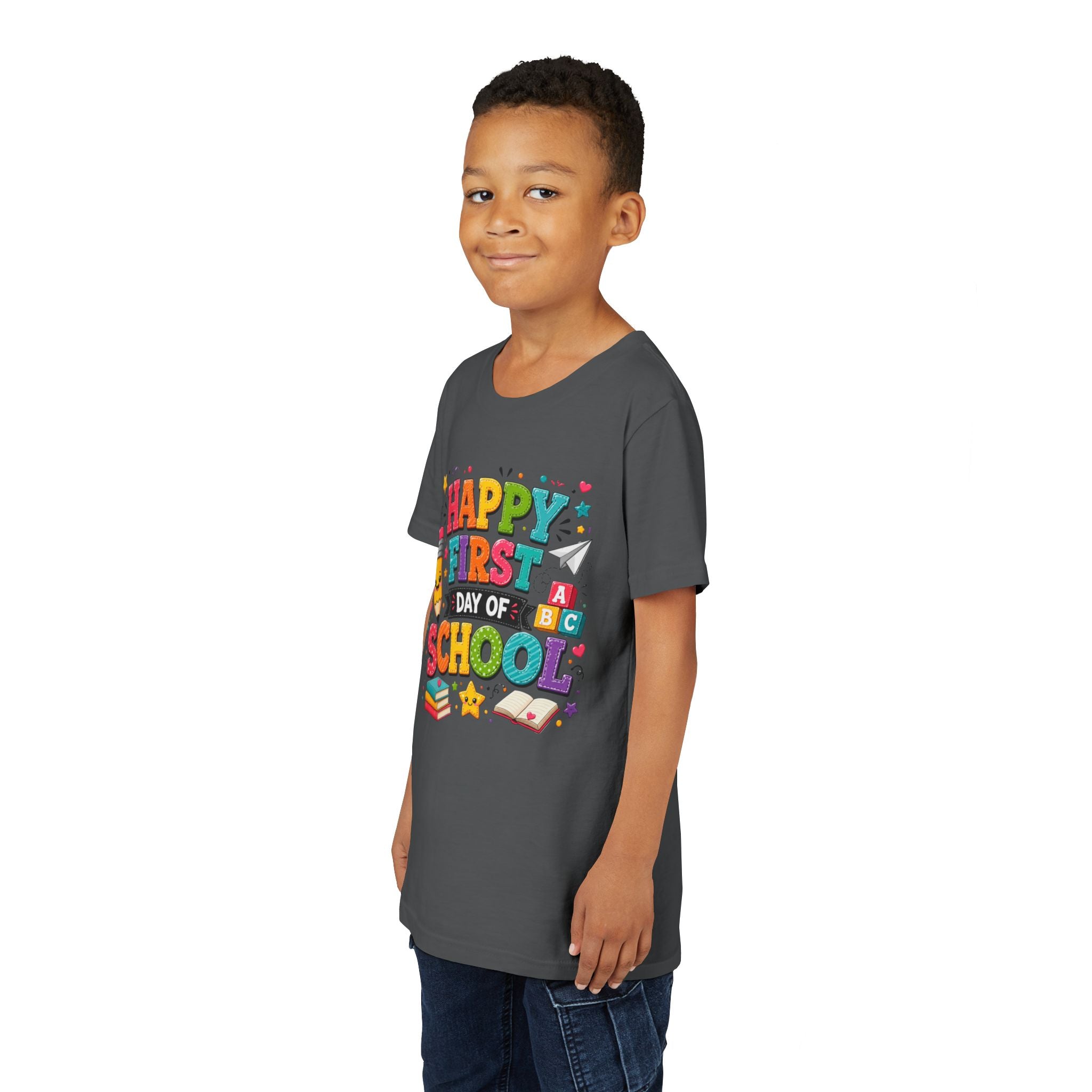 Youth Tee — "Happy First Day of School" Back-to-School Graphic Shirt