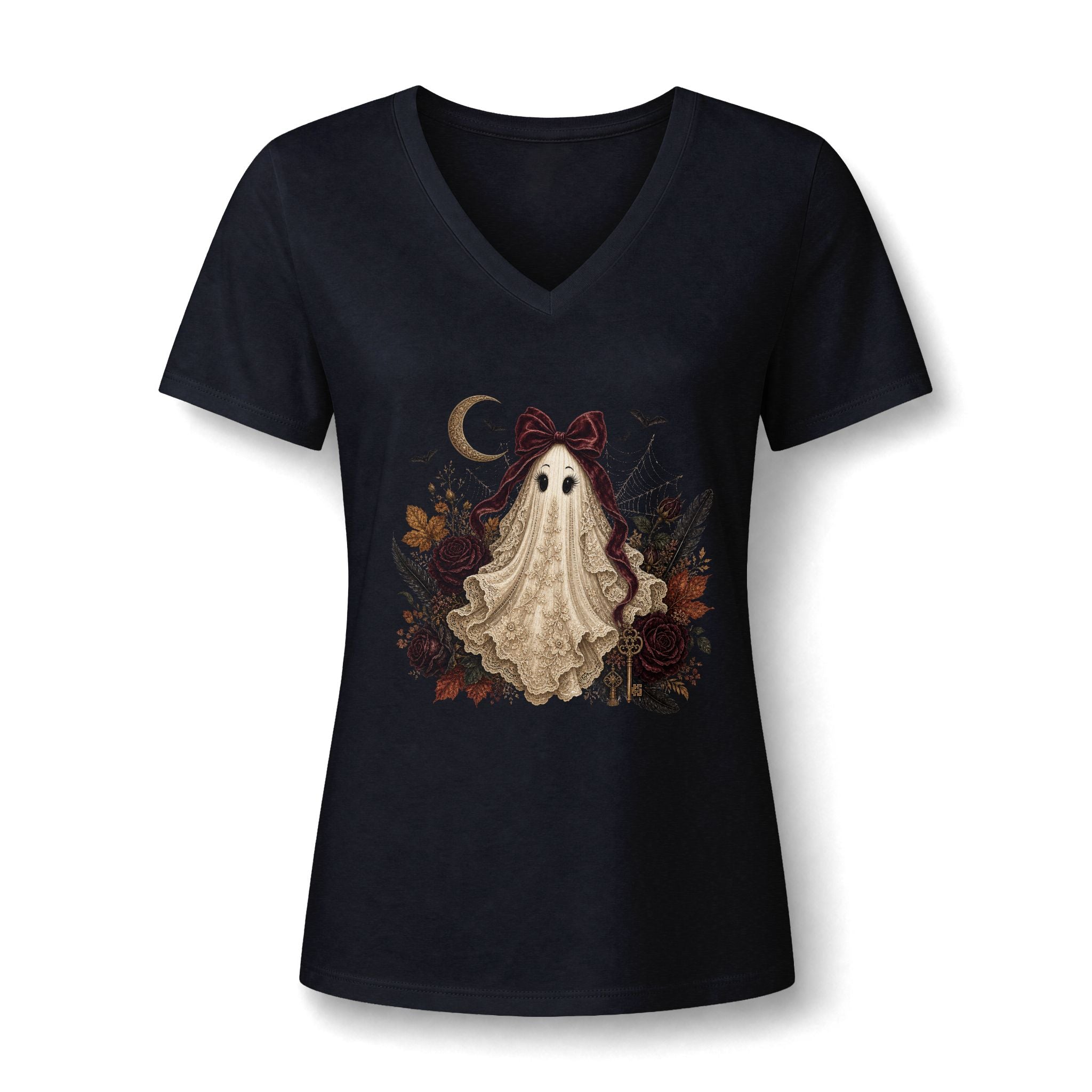 Ghost Girl V-Neck Tee — Cute Vintage Halloween Ghost Design