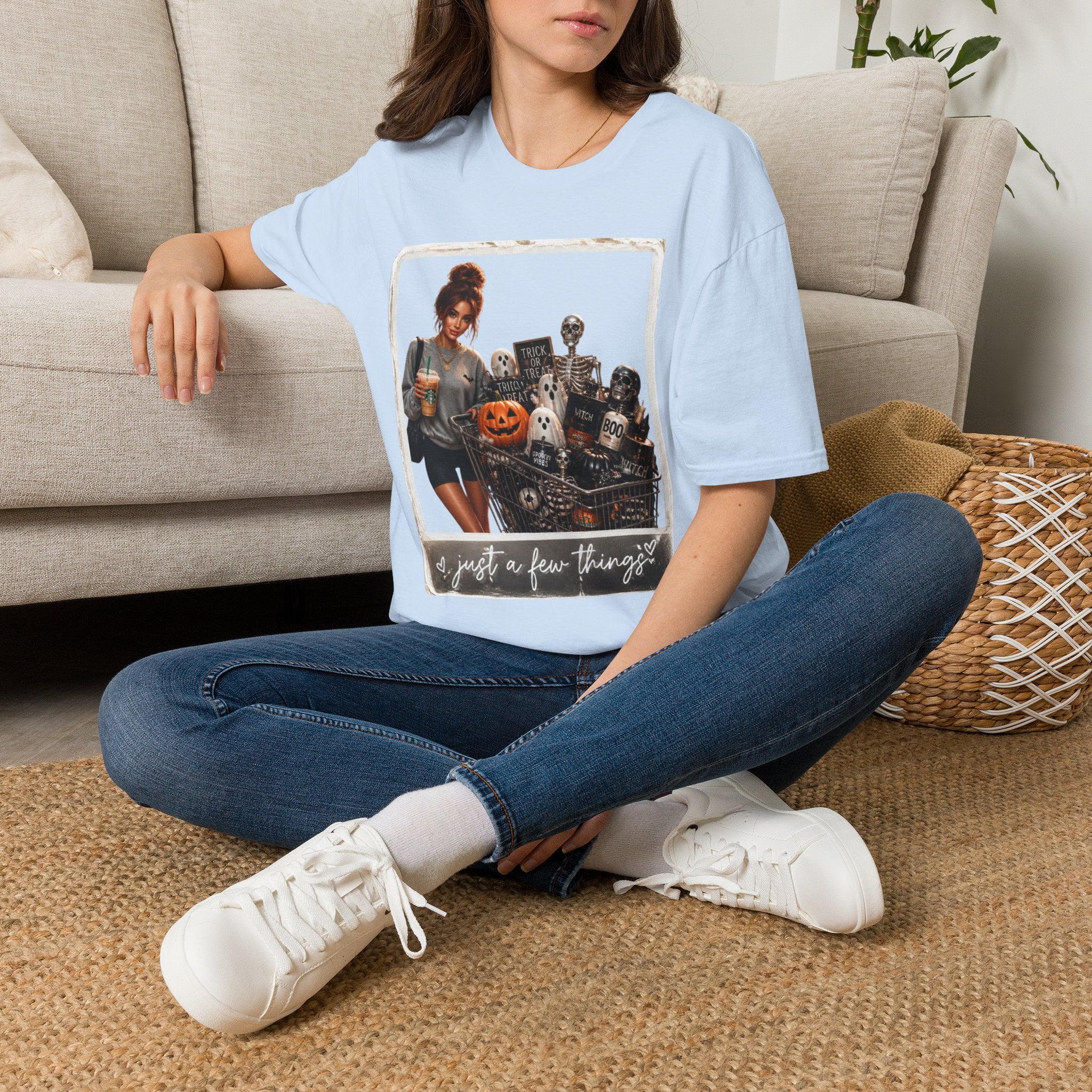 Halloween Cozy Tee — Woman with Pumpkin & Skeleton Graphic
