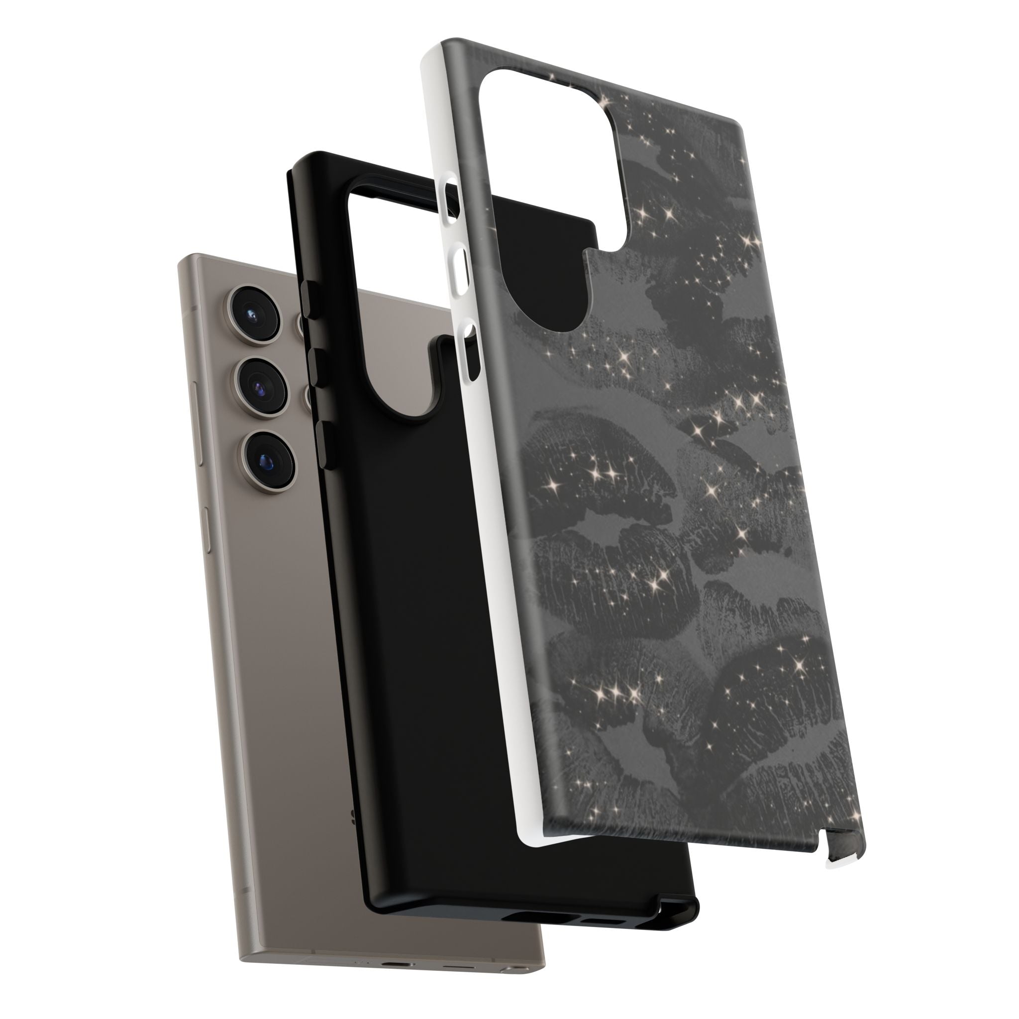 Black Glitter Kiss Phone Case — Sparkling Lip Print Protective Cover