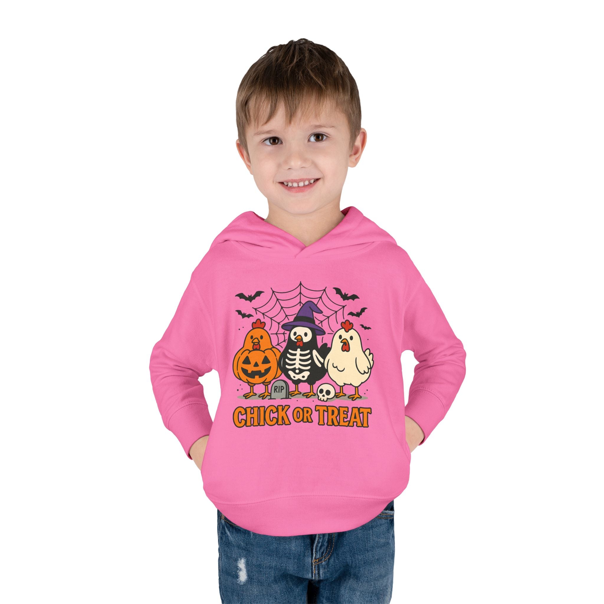 Toddler Halloween Pullover Hoodie – "Chick or Treat" Pumpkin Skeleton Chicken Kids Fleece