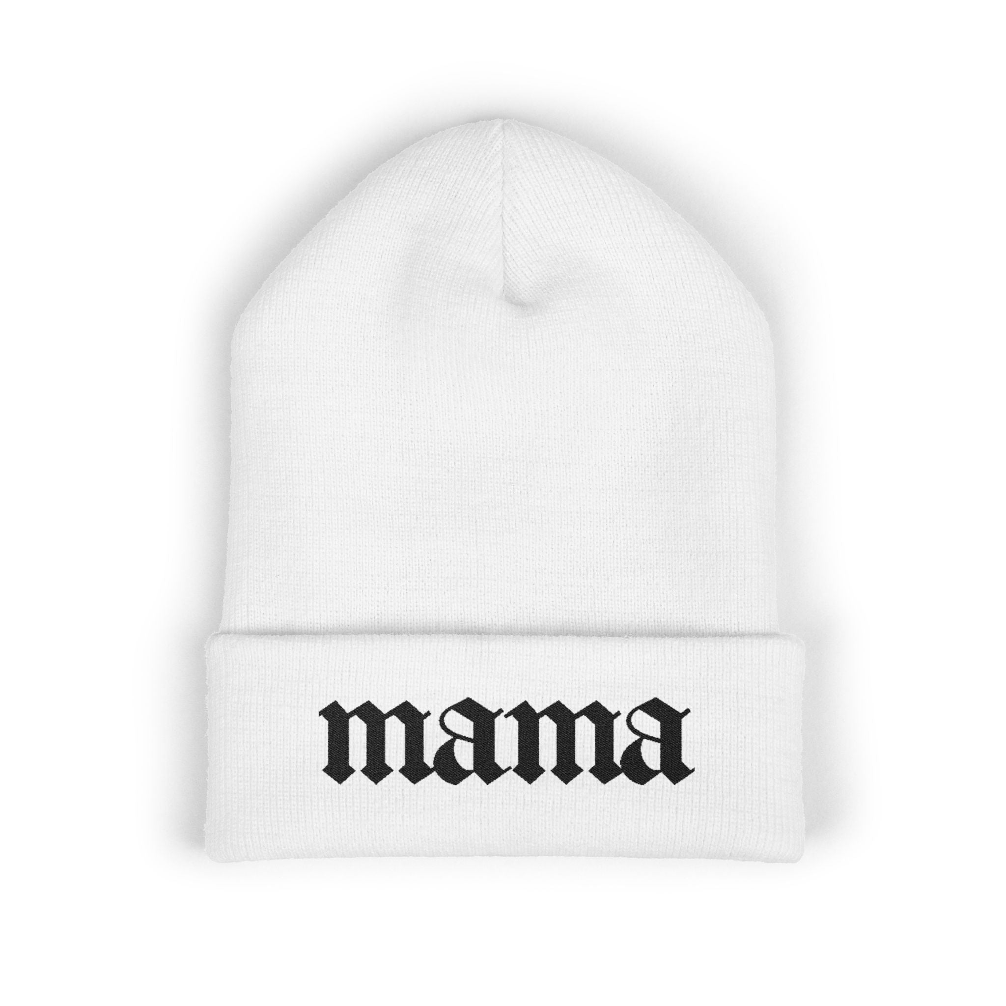 Mama Embroidered Cuffed Beanie — Gothic Script Knit Hat for Moms