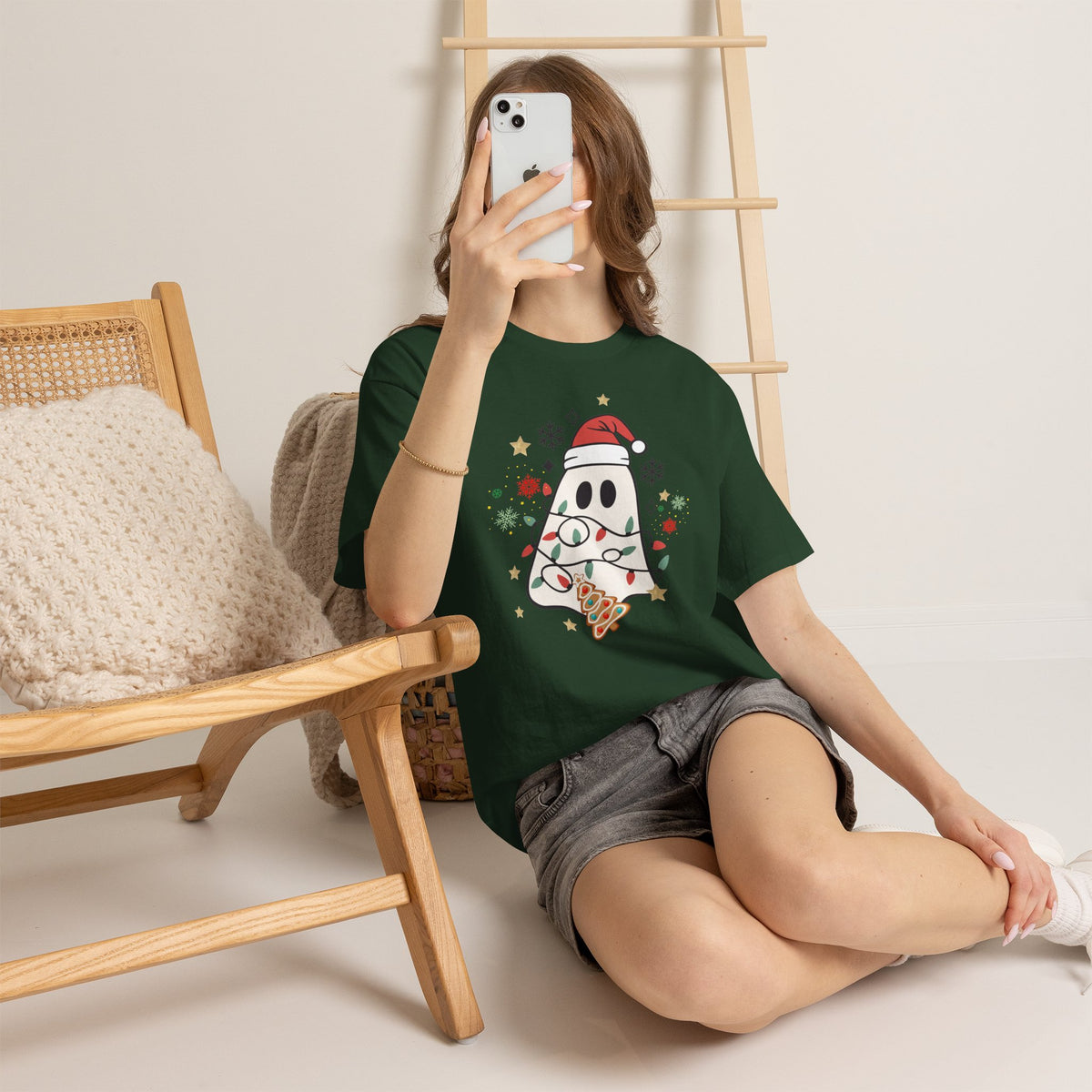 Christmas Ghost T-Shirt — Cute Haunted Holiday Tee with Santa Hat & Lights