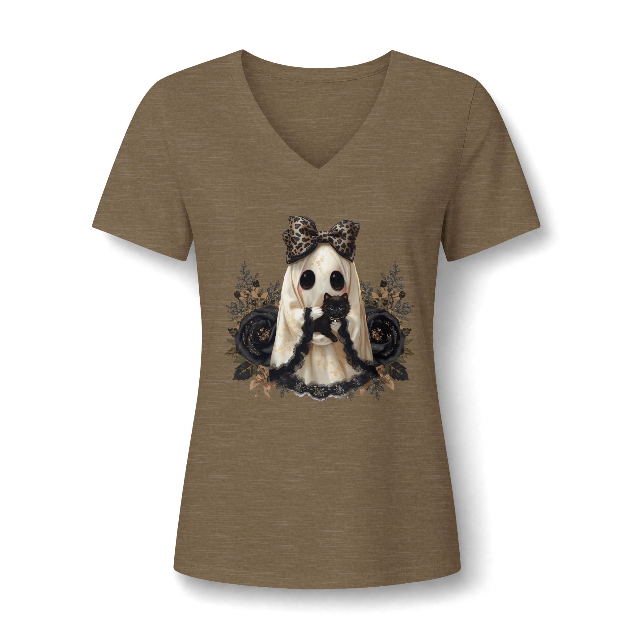 Women's V-Neck Tee — Gothic Doll with Leopard Bow Graphic