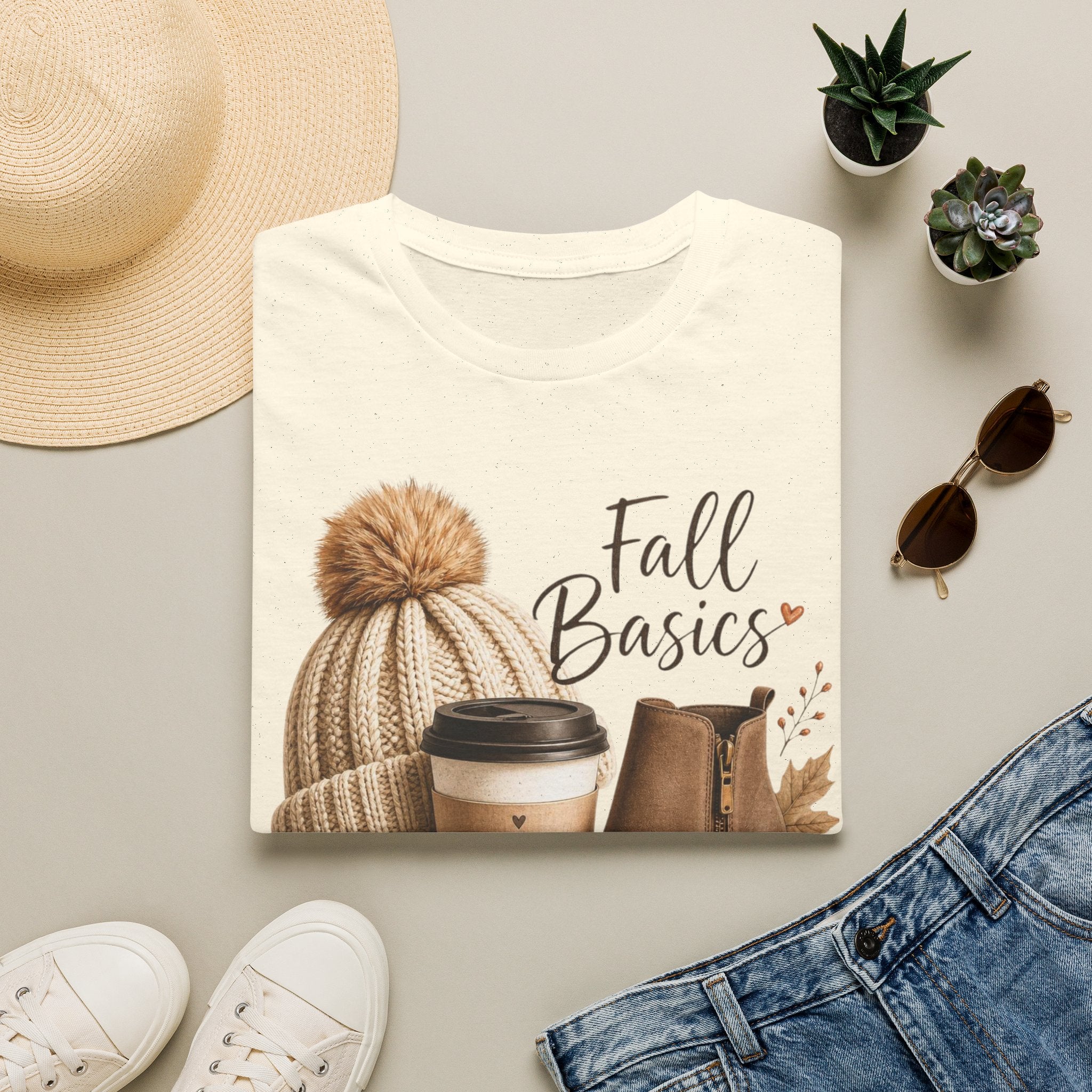 Fall Basics T-Shirt — Cozy Autumn Beanie, Coffee & Boots Tee