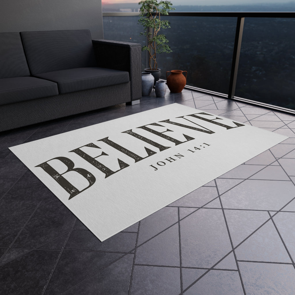 Believe Outdoor Rug — "Believe" John 14:1 Scripture Doormat