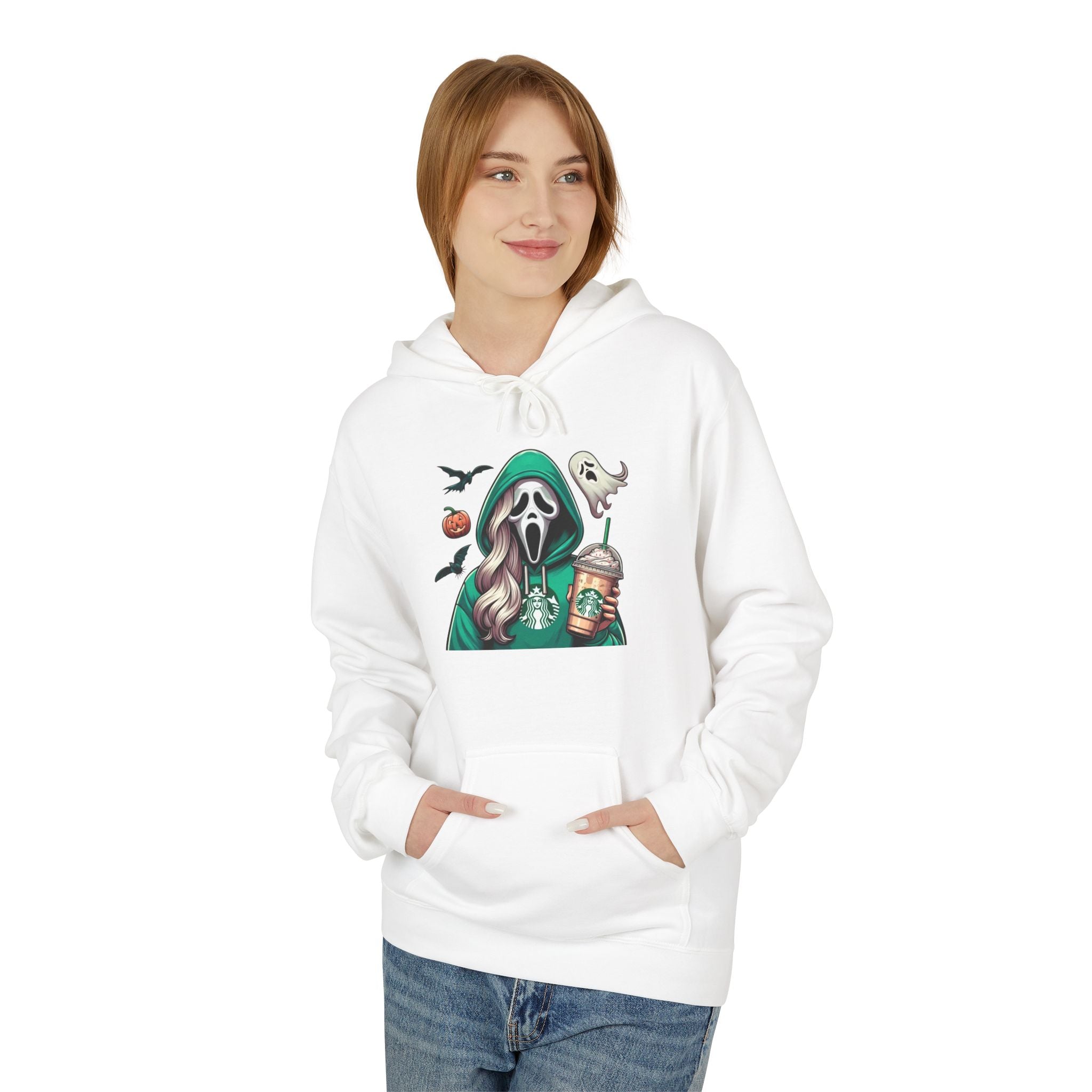 Halloween Ghost Rider Hoodie — Cute Grim Reaper with Pumpkin & Coffee Graphic