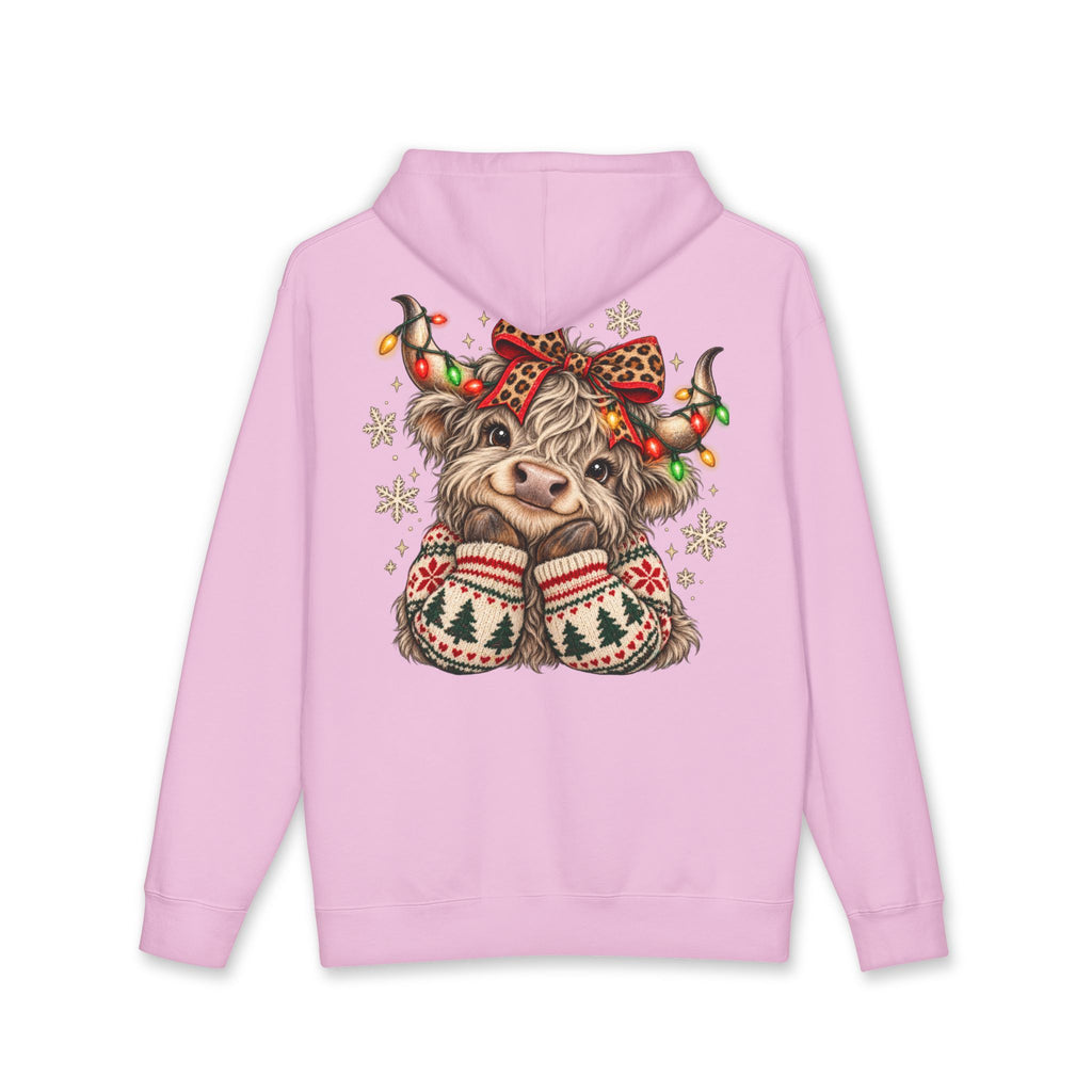 Christmas Cow Hoodie – Cute Highland Cow with Festive Lights & 'Merry Dolly Christmas' Design