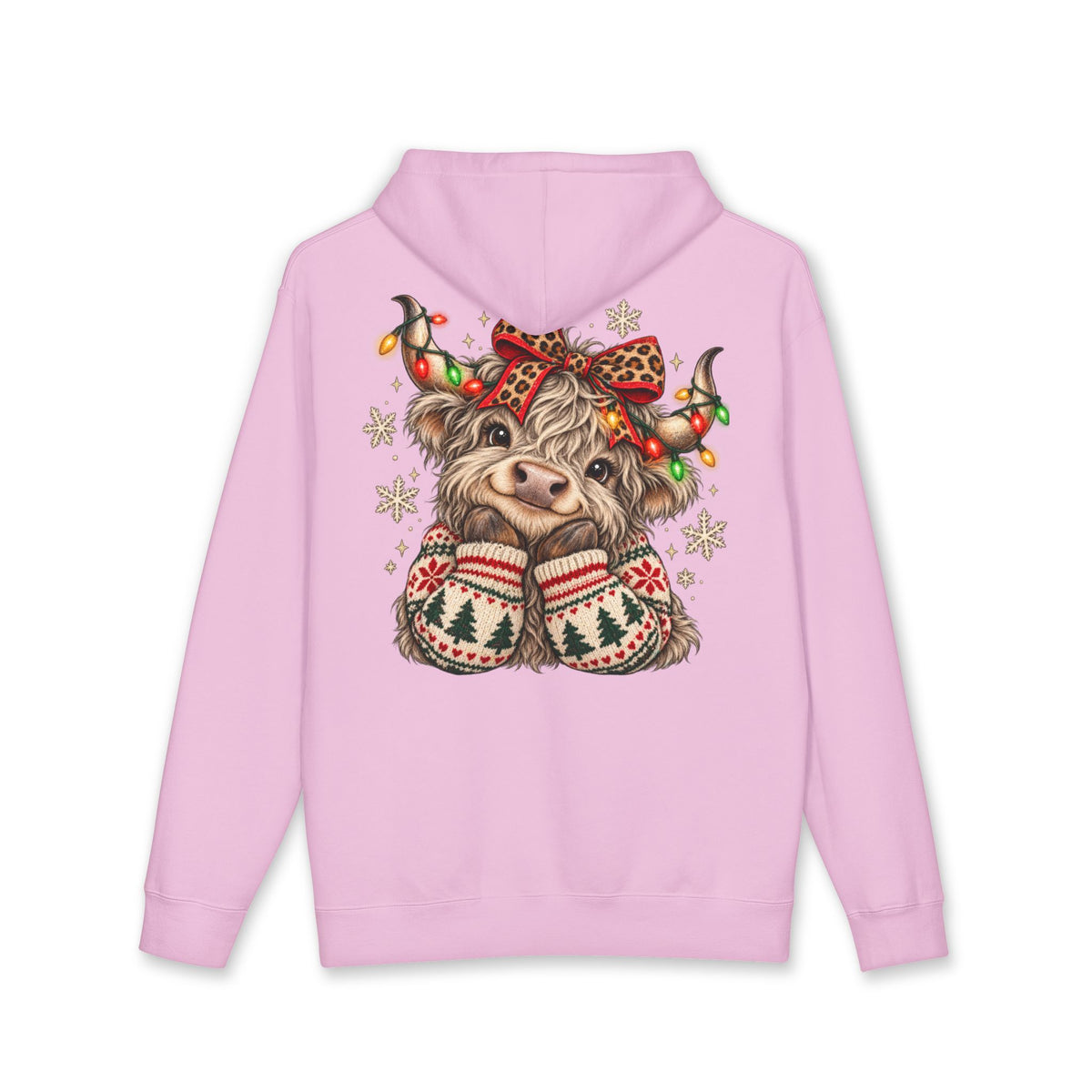 Christmas Cow Hoodie – Cute Highland Cow with Festive Lights & 'Merry Dolly Christmas' Design