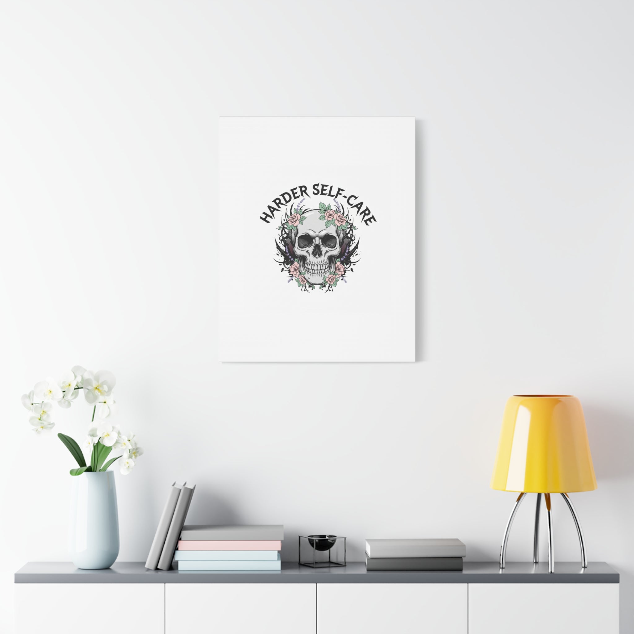 Harder Self-Care Skull Canvas | Heavy Metal Wellness, gothic wellness quote