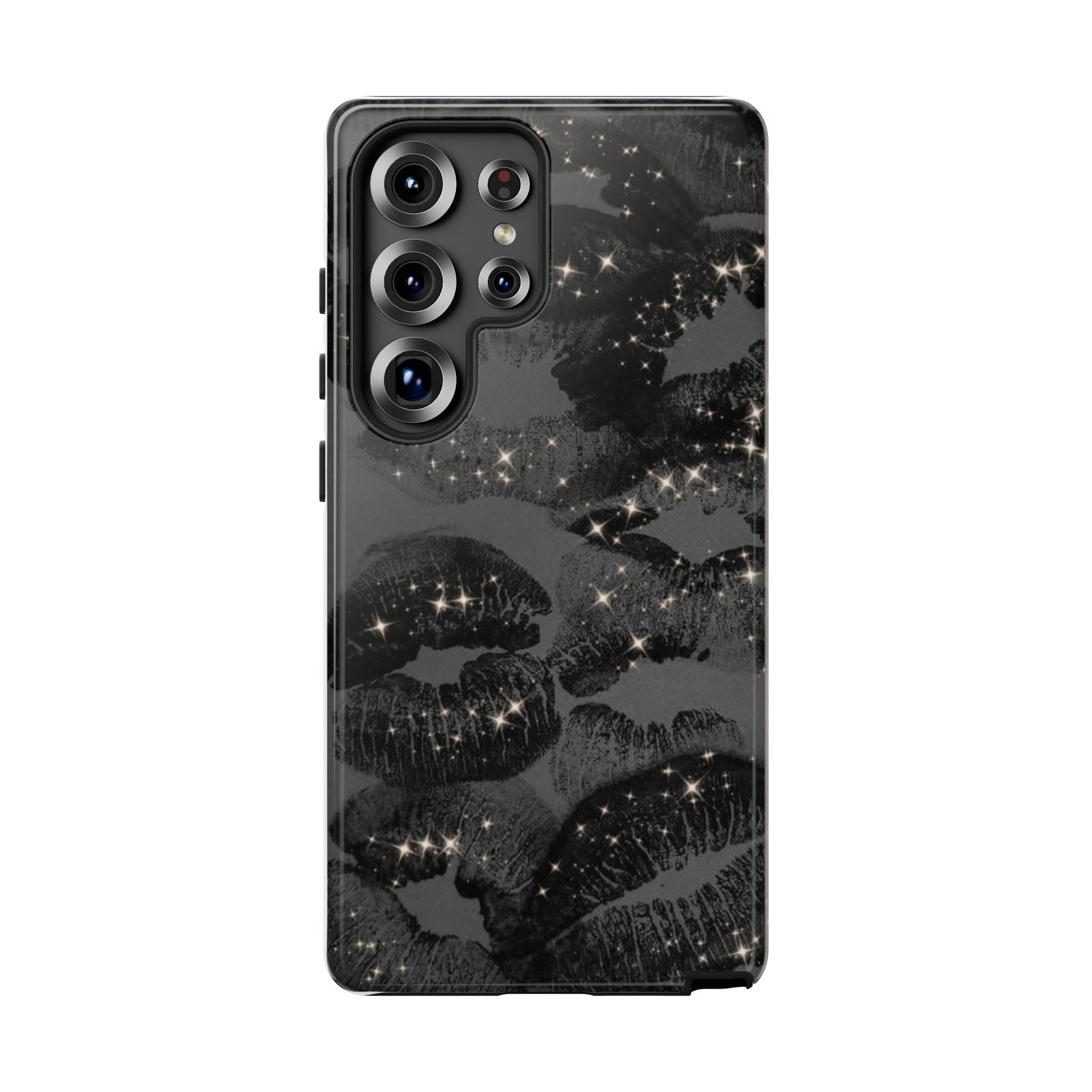 Black Glitter Kiss Phone Case — Sparkling Lip Print Protective Cover