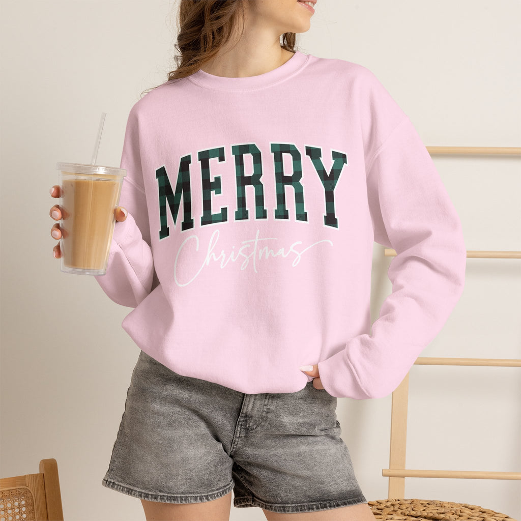 Merry Christmas Crewneck Sweatshirt – Plaid Holiday Graphic Crew