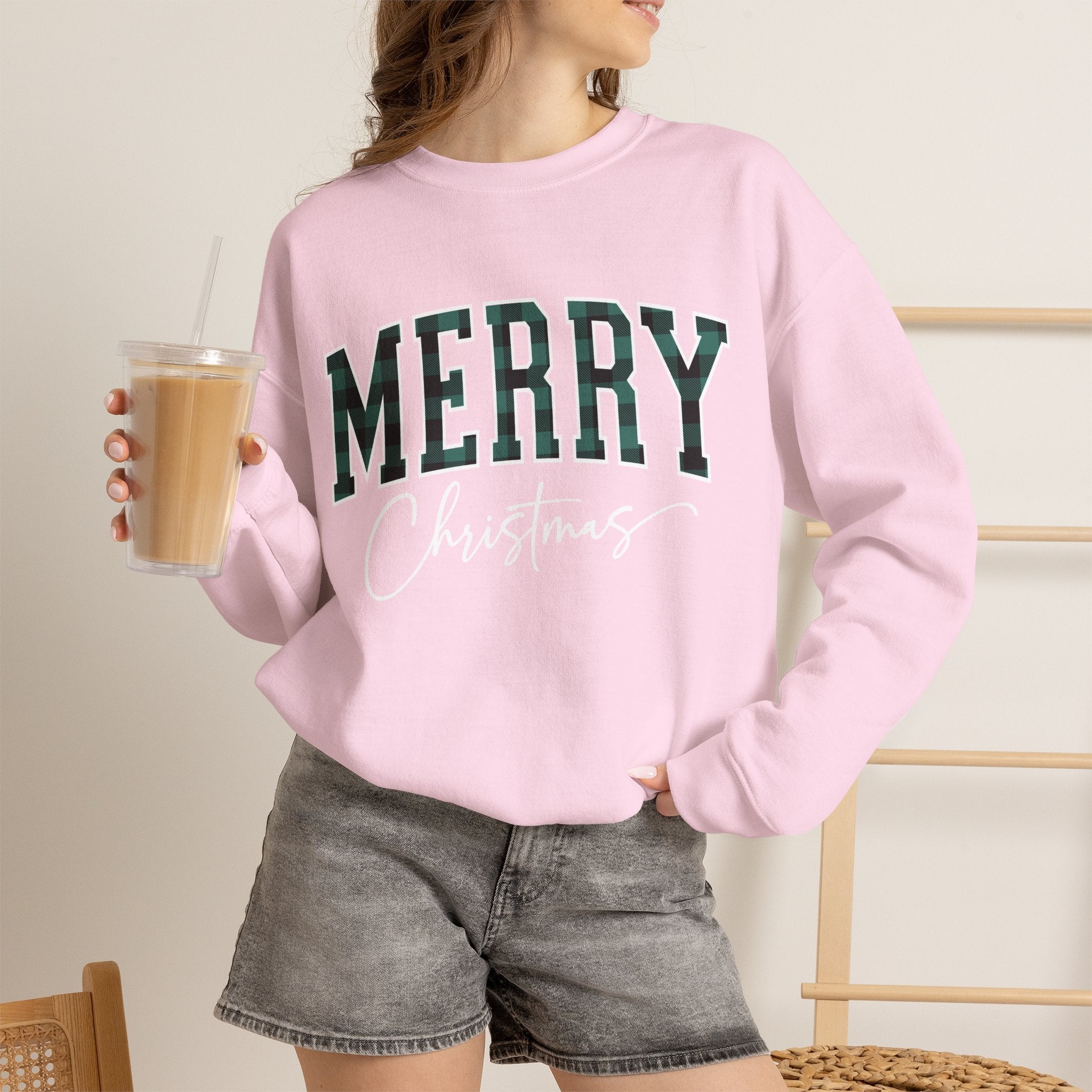 Merry Christmas Crewneck Sweatshirt – Plaid Holiday Graphic Crew