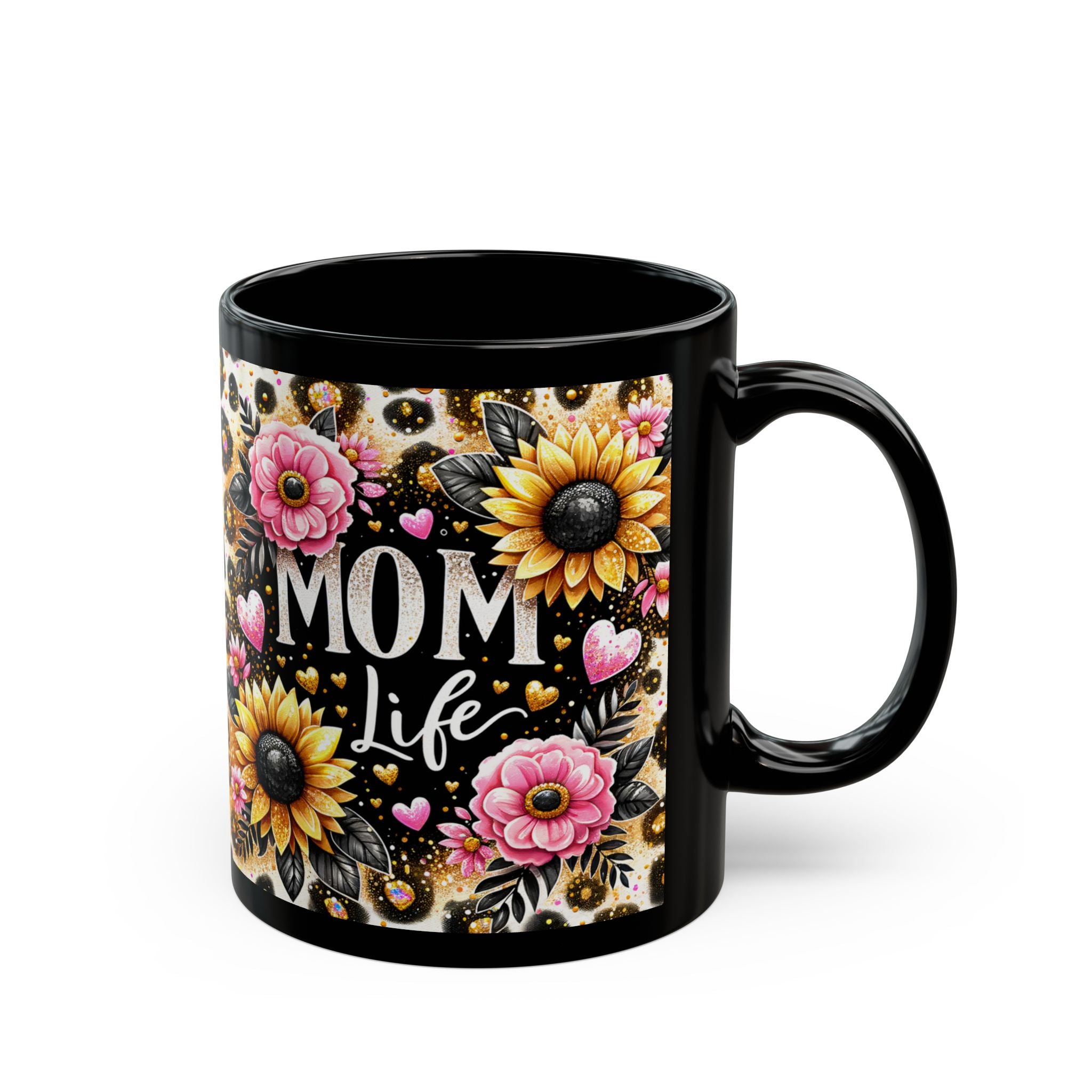 Mom Life Leopard Sunflower Black Ceramic Mug (11oz/15oz)