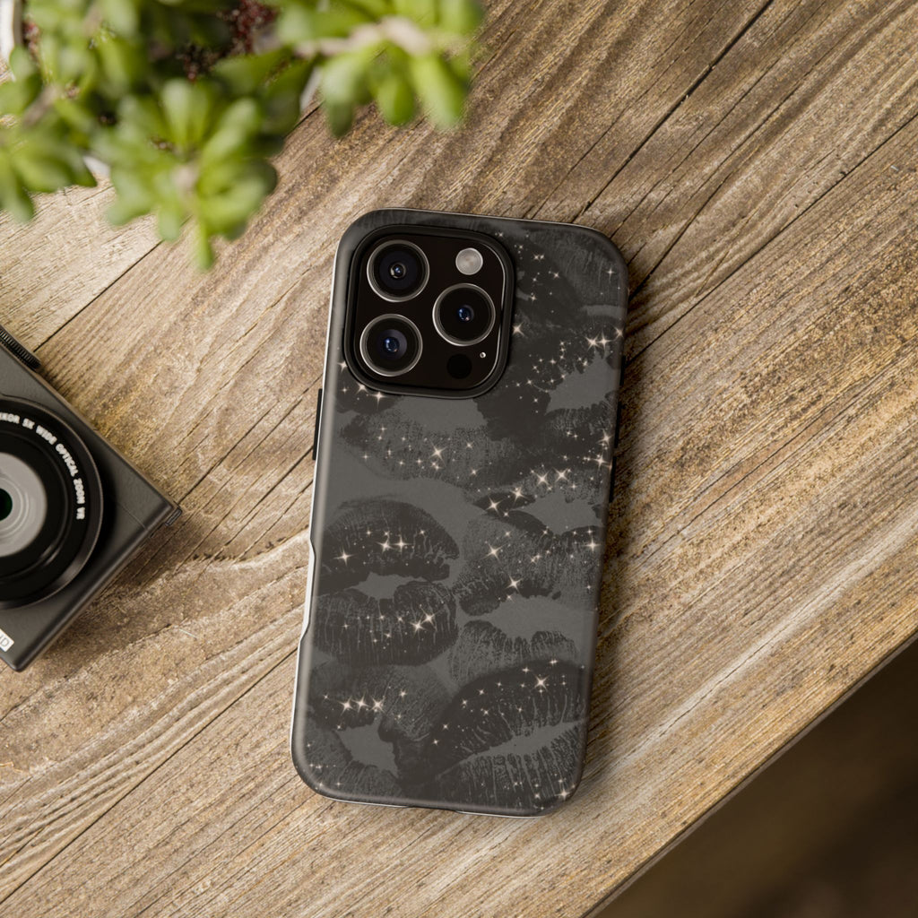 Black Glitter Kiss Phone Case — Sparkling Lip Print Protective Cover