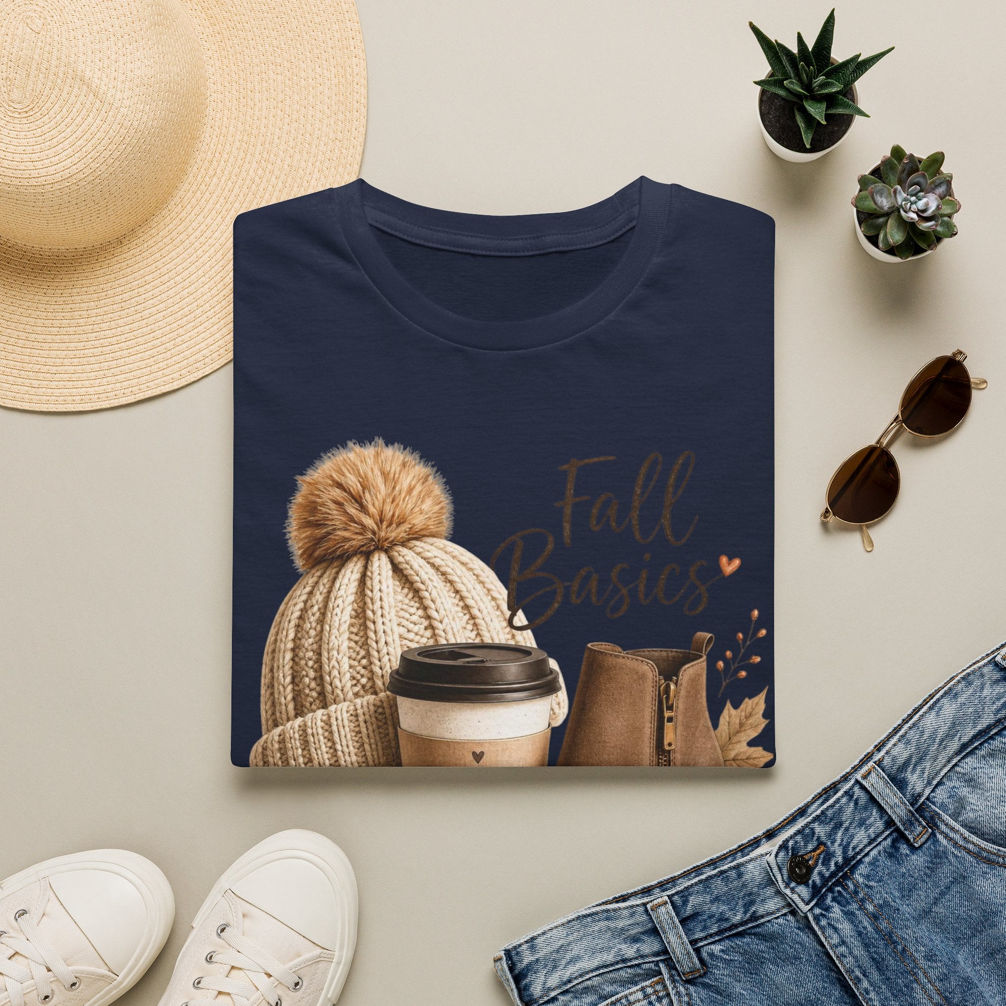 Fall Basics T-Shirt — Cozy Autumn Beanie, Coffee & Boots Tee