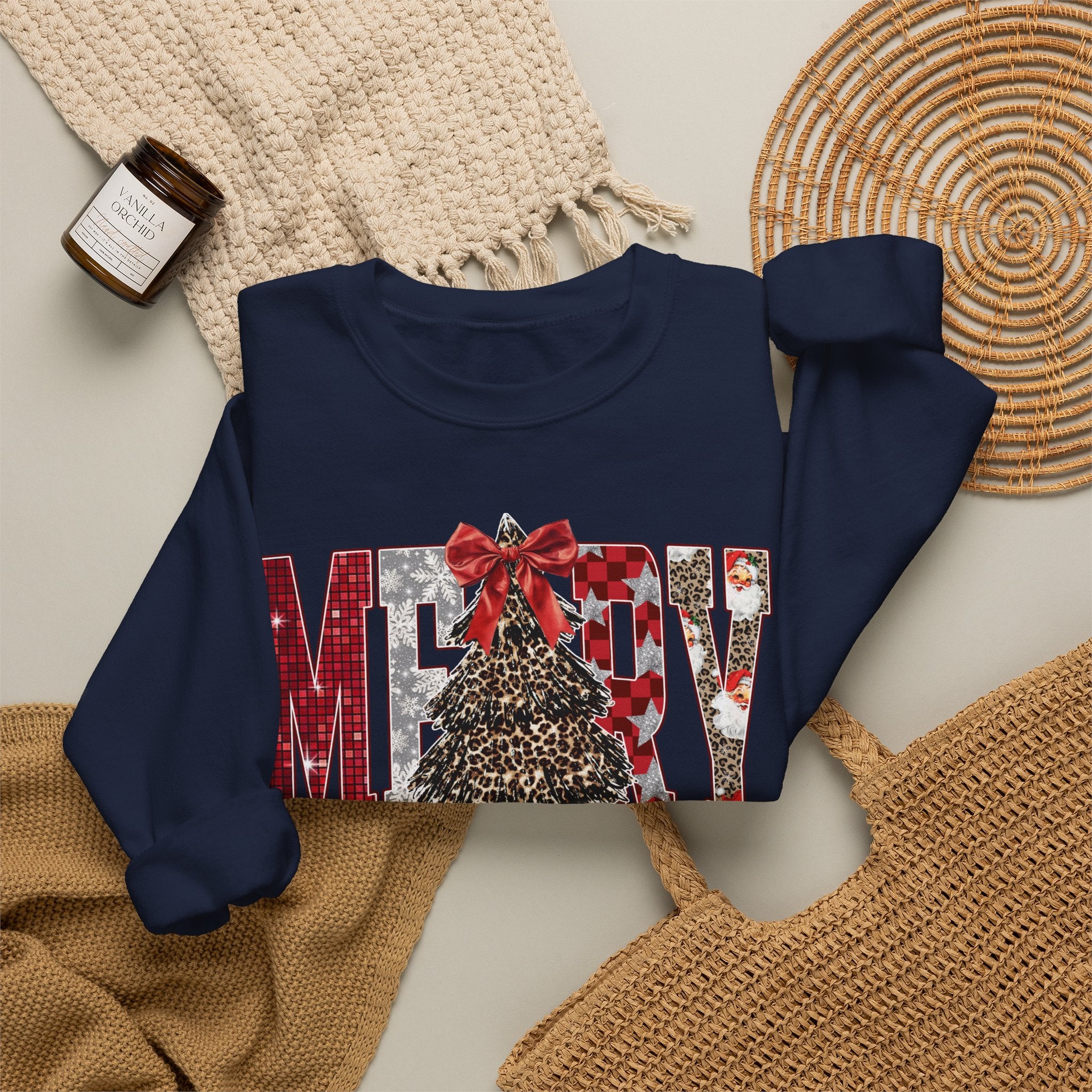 Merry Christmas Crewneck Sweatshirt — Festive Tree & Bow Holiday Sweatshirt