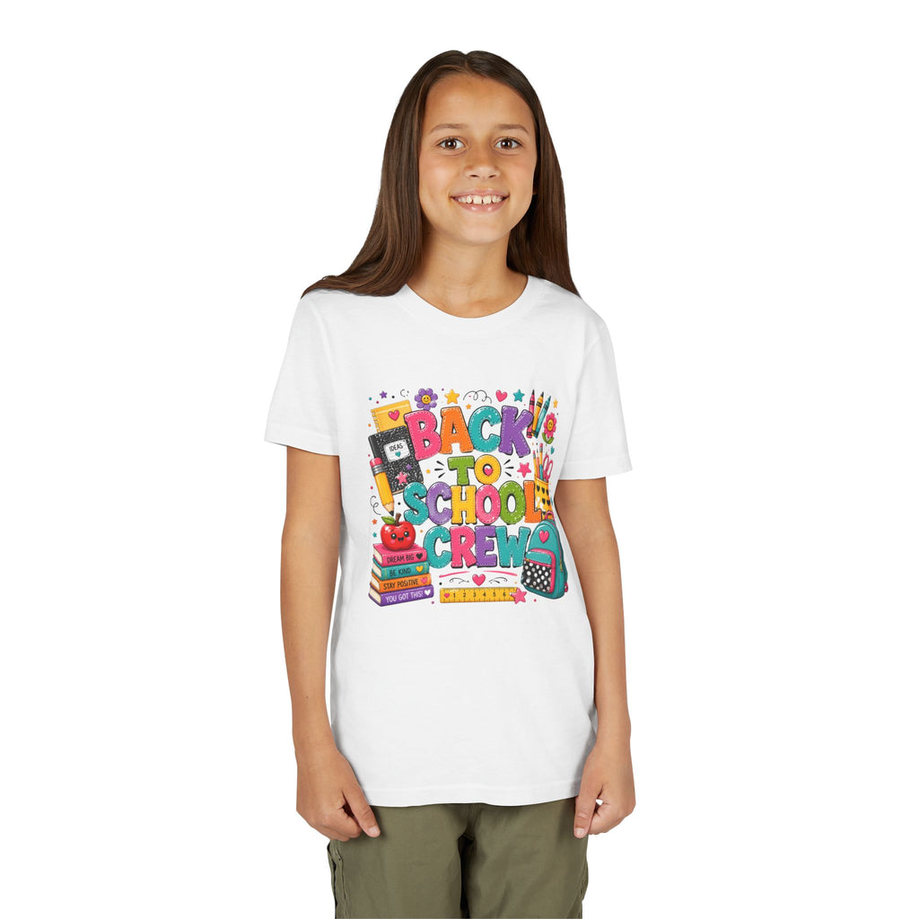 Back to School Crew Youth Tee — Colorful Kids' School Backpack & Books Graphic Shirt