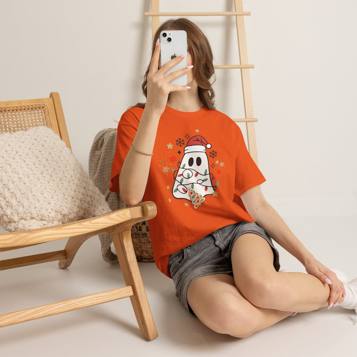 Christmas Ghost T-Shirt — Cute Haunted Holiday Tee with Santa Hat & Lights