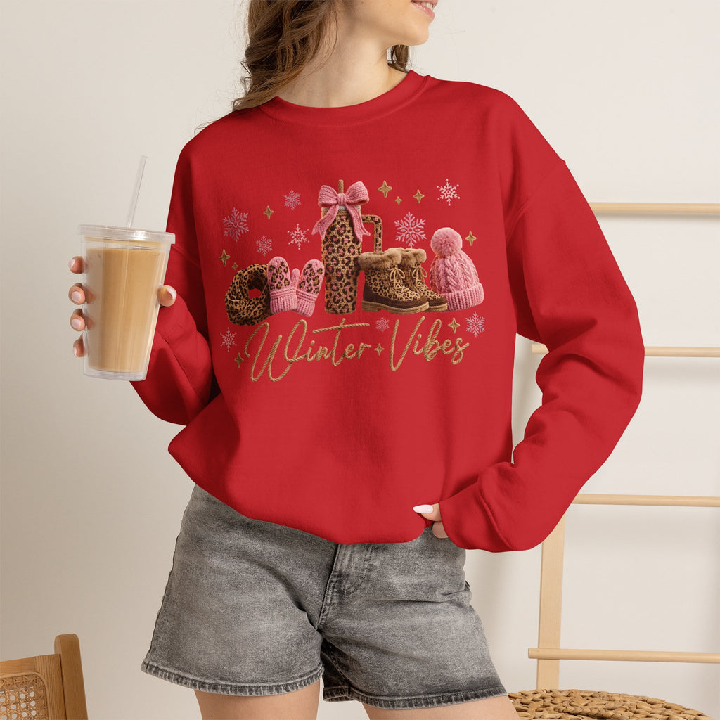 Crewneck Sweatshirt — 'Winter Vibes' Cozy Leopard Print Holiday Design