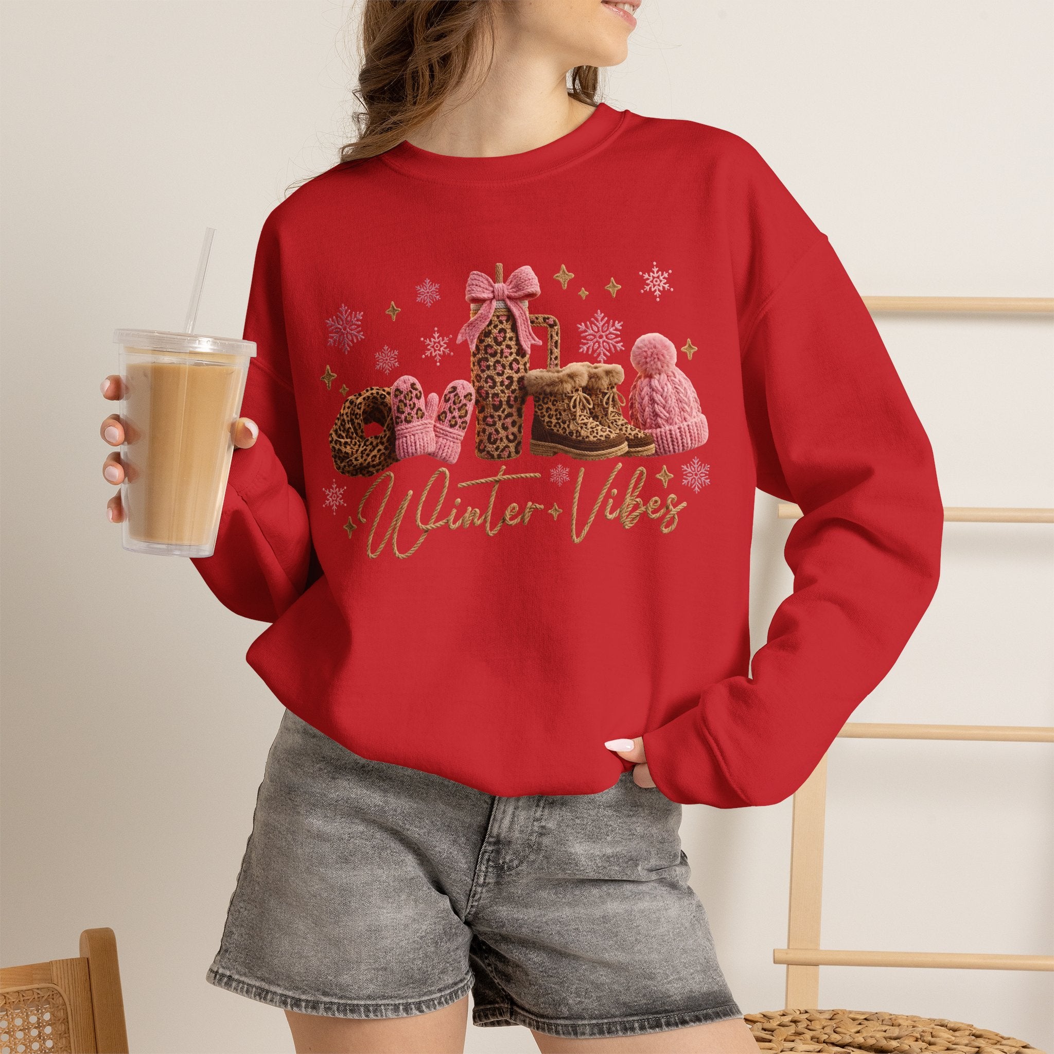 Crewneck Sweatshirt — 'Winter Vibes' Cozy Leopard Print Holiday Design