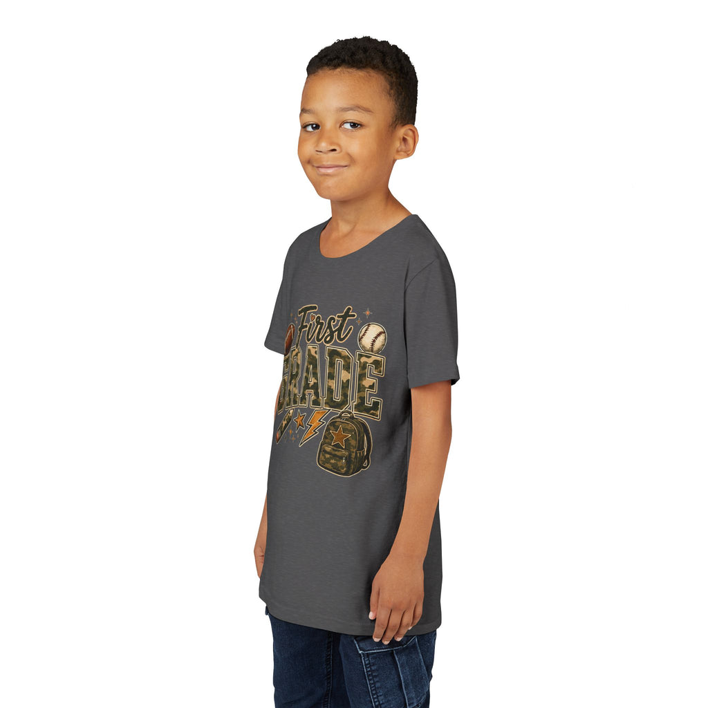 First Grade Kids T‑Shirt — Back to School Sports Backpack Design