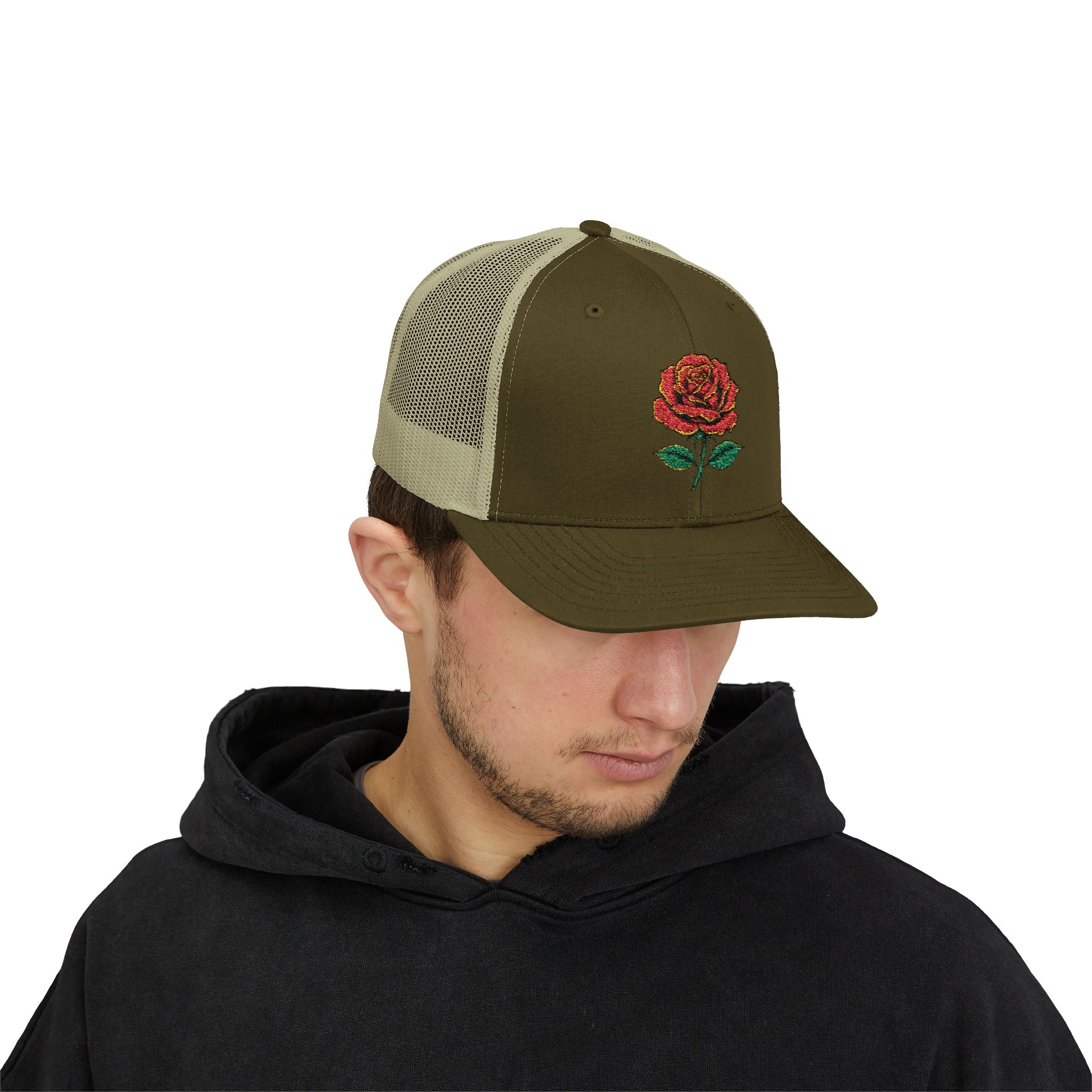 Embroidered Red Rose Trucker Cap