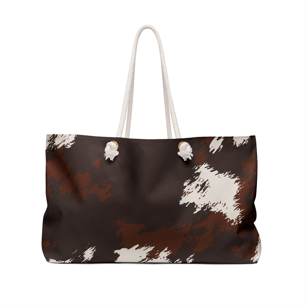 Cowhide Print Weekender Bag — Brown & White Travel Tote