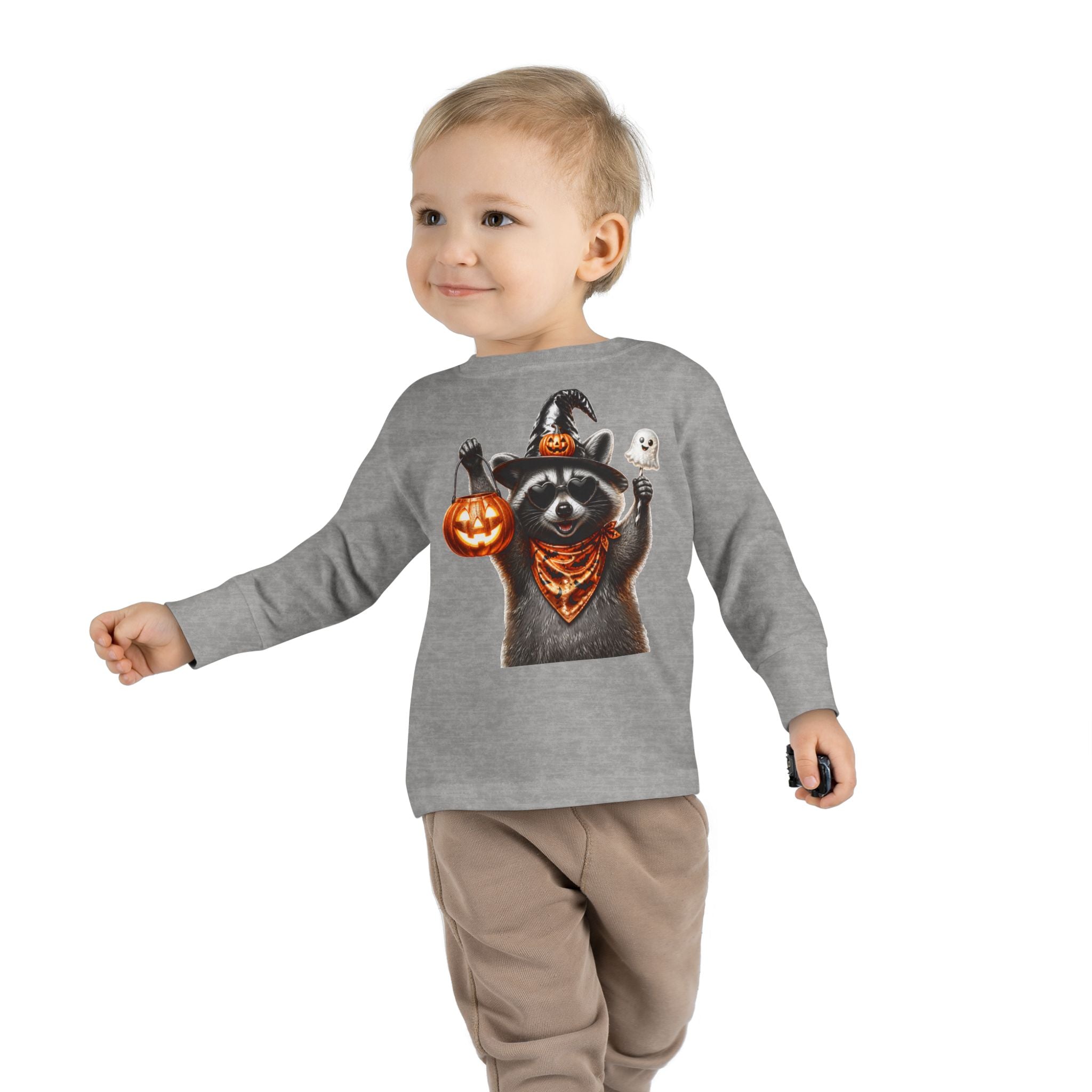 Toddler Long Sleeve Tee - Halloween Raccoon Trick-or-Treat Shirt with Witch Hat & Jack-O'-Lantern