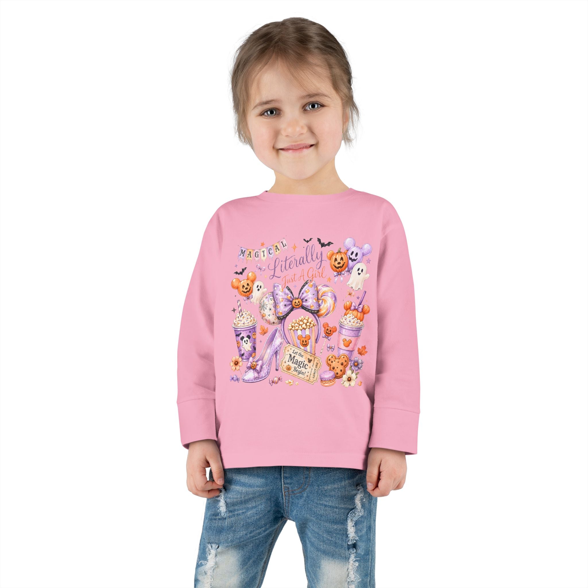 Toddler Long Sleeve Tee — "Pumpkin Spice & Magic" Halloween Minnie Bow Graphic