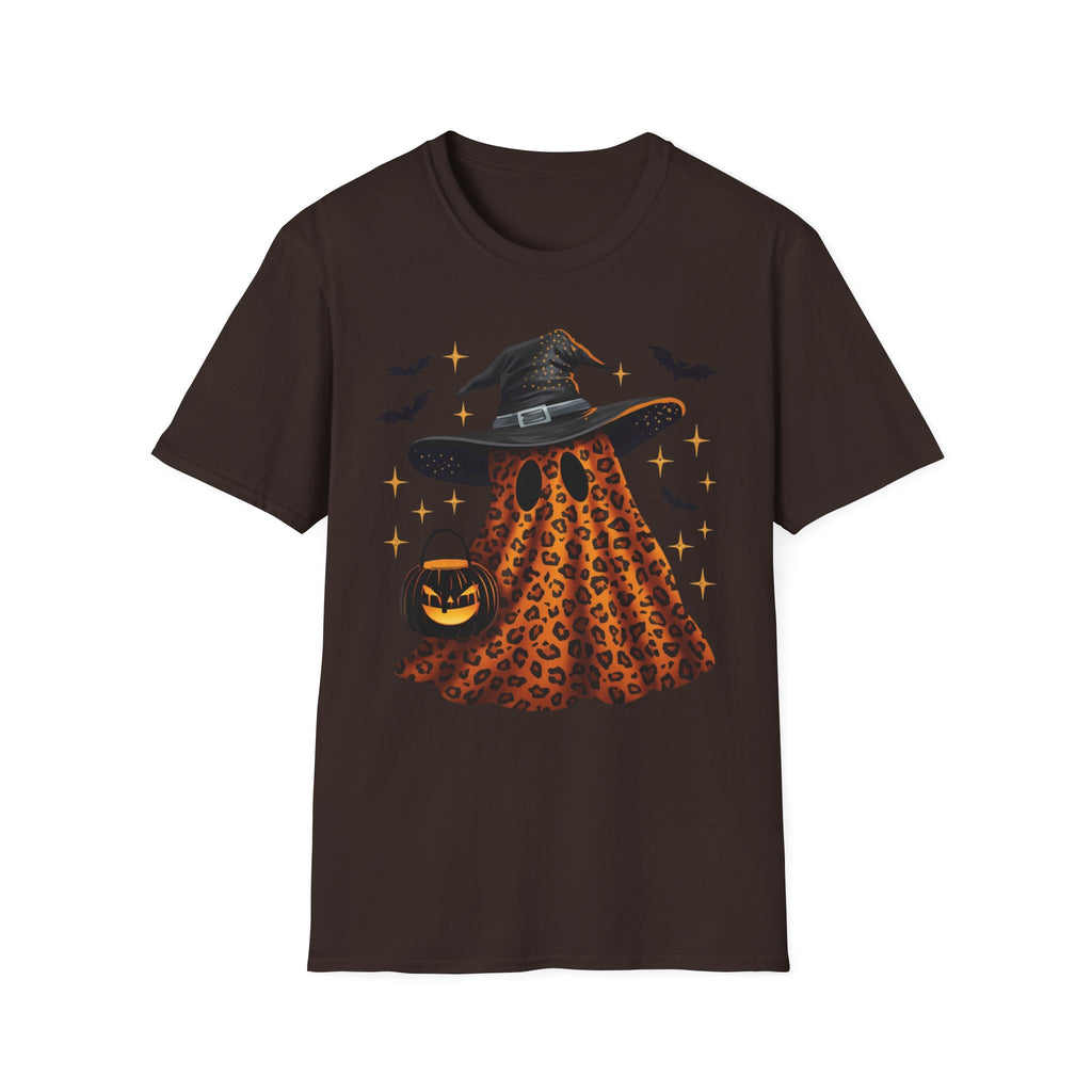 Halloween Leopard Ghost T-Shirt — Witch Hat & Bats Graphic