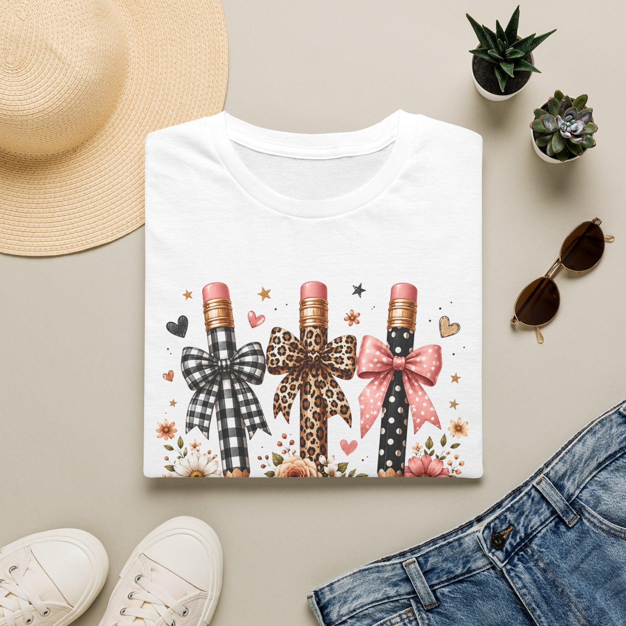Teacher Pencil Bows T-Shirt — Cute Floral Teacher Appreciation Tee